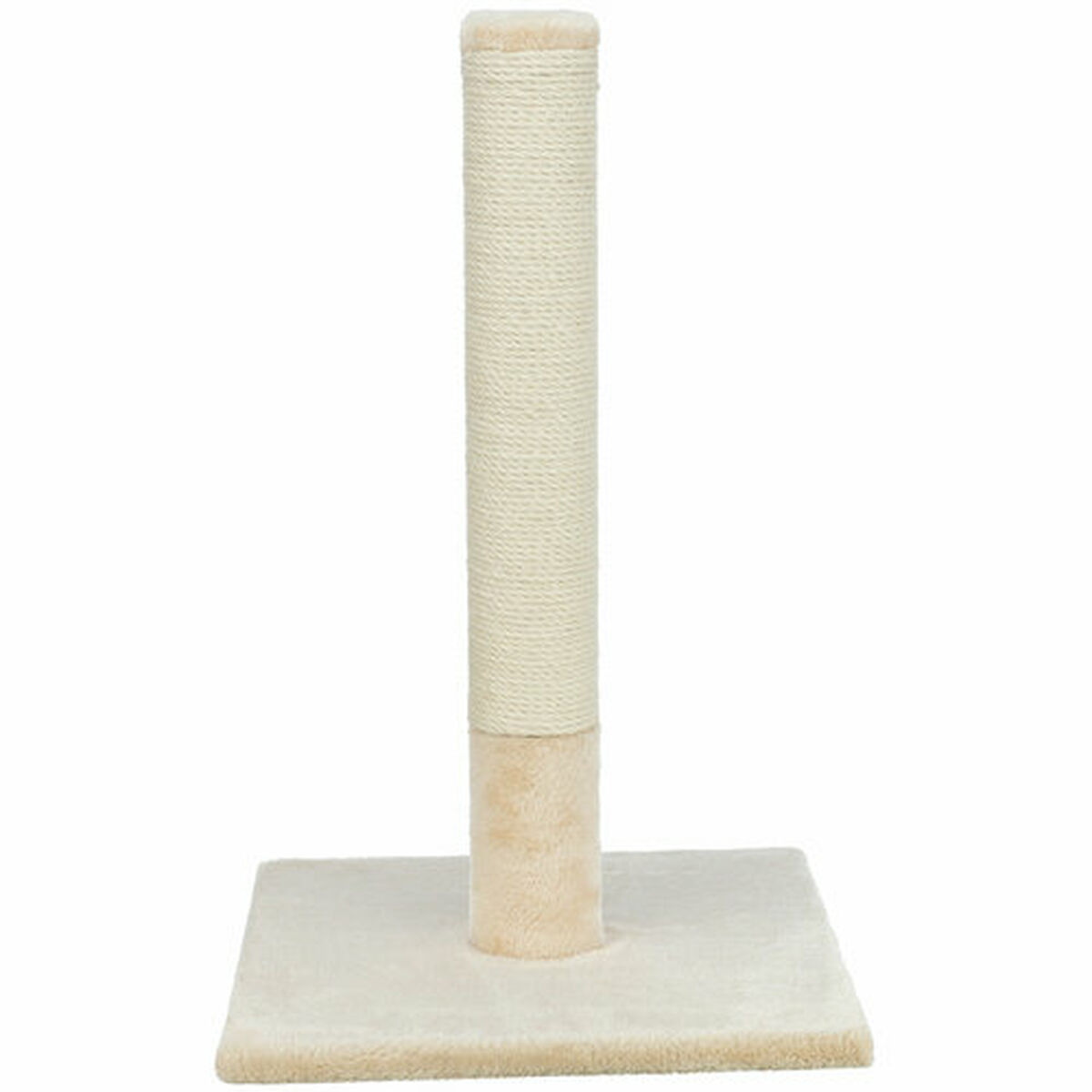 Kratzbaum. Beige Basis, mit Seil umwickelter Pfosten, Oberseite aus Plüsch.