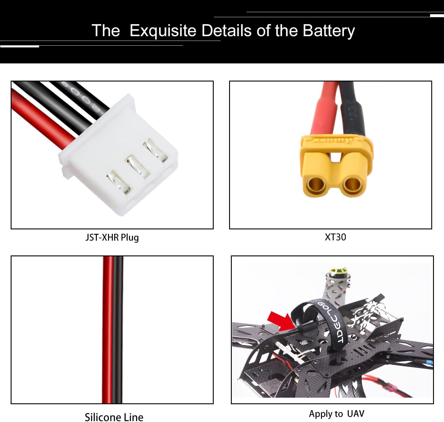 Nahaufnahmen von Batteriekontakten und Drähten, einschließlich JST-XHR-Stecker und XT30.
