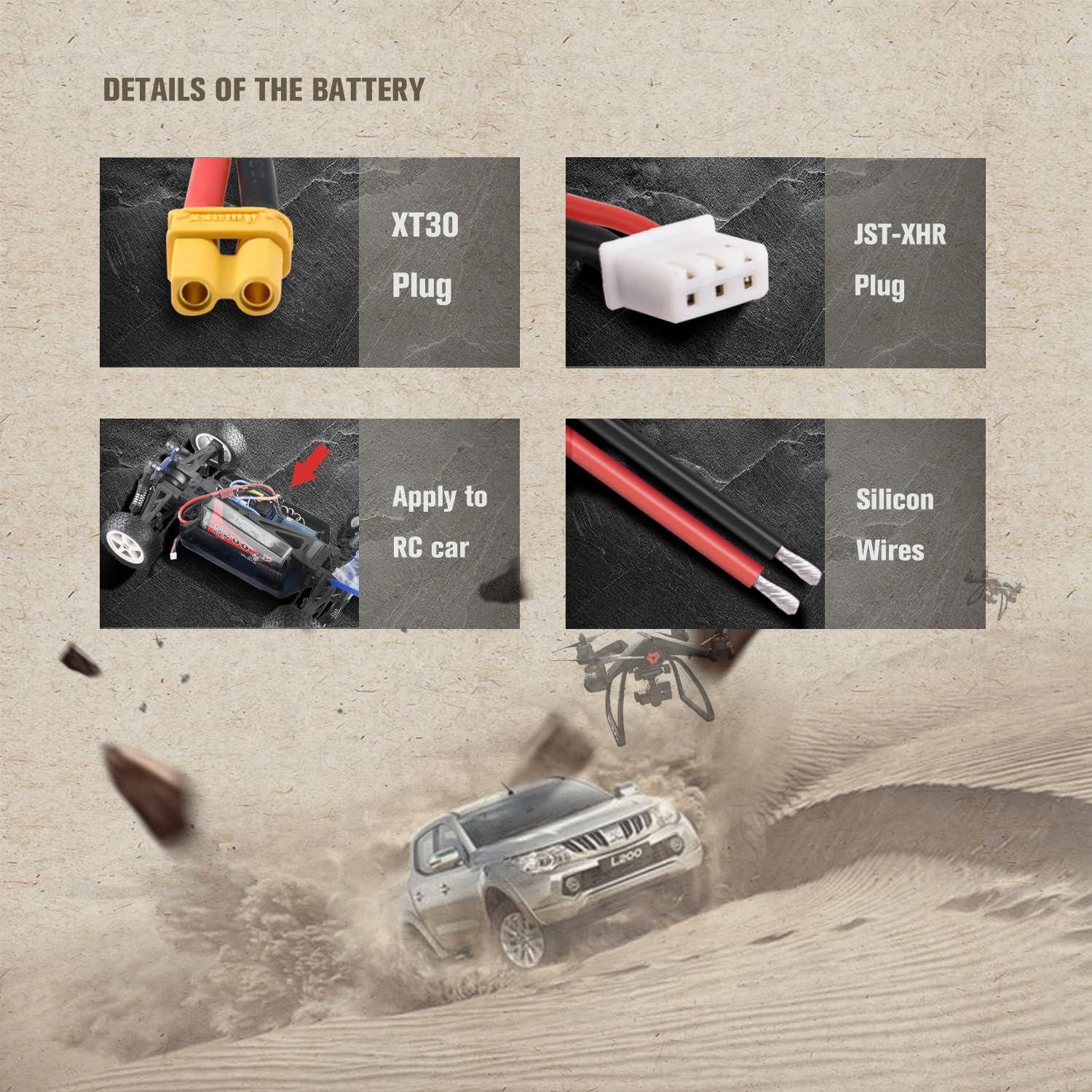 Batteriedetails: XT30-Stecker, JST-XHR-Stecker, Drähte und ein Auto mit Drohne.