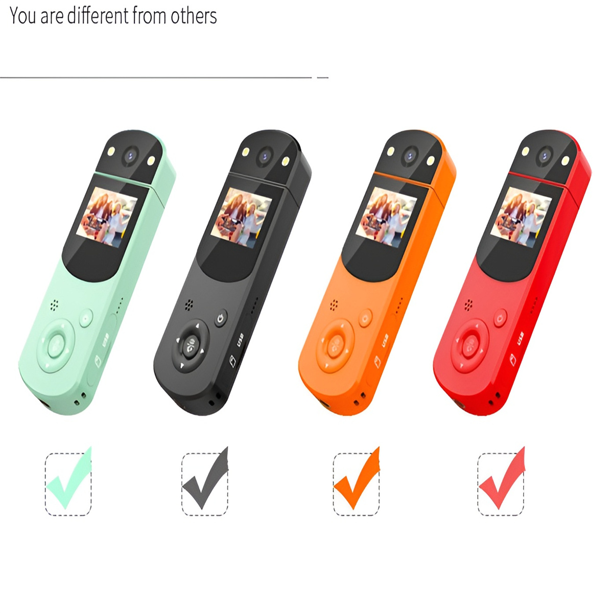 Vier farbige Digitalkameras auf weißem Hintergrund, mit Häkchen. Grün, grau, orange, rot.
