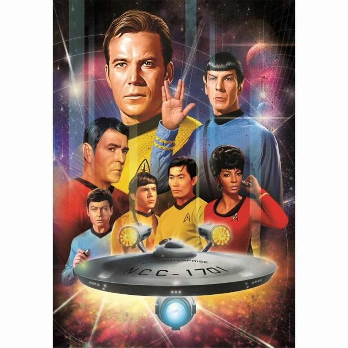 Star Trek-Besetzungsfoto mit dem Raumschiff Enterprise.