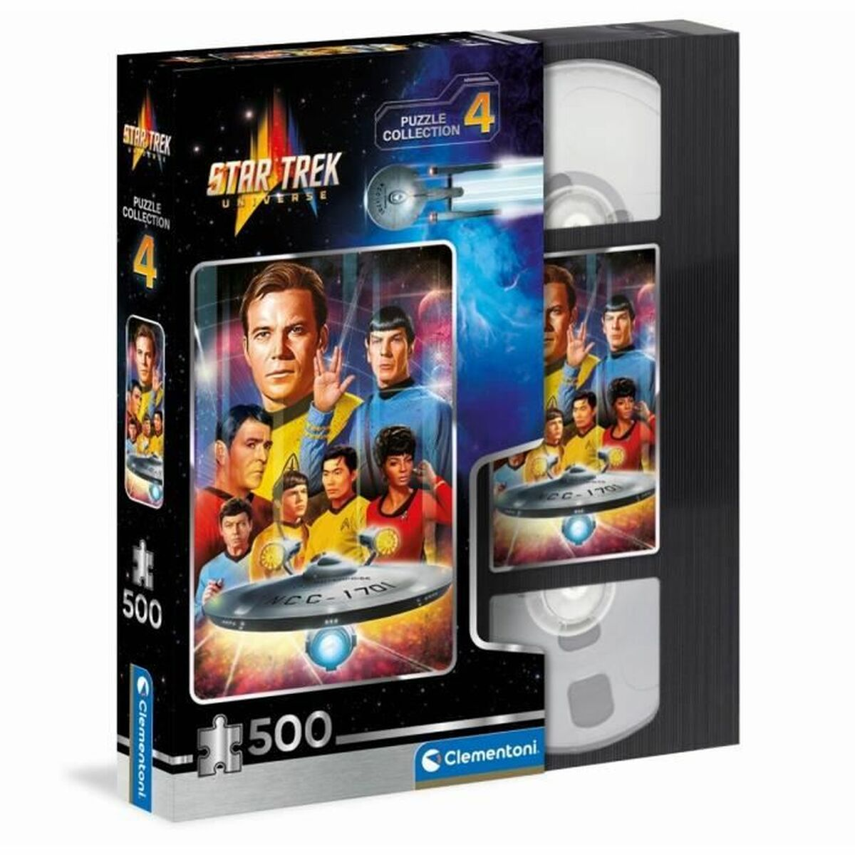 Star Trek Puzzle-Box mit Bildern der Crew und der USS Enterprise. 500 Teile.