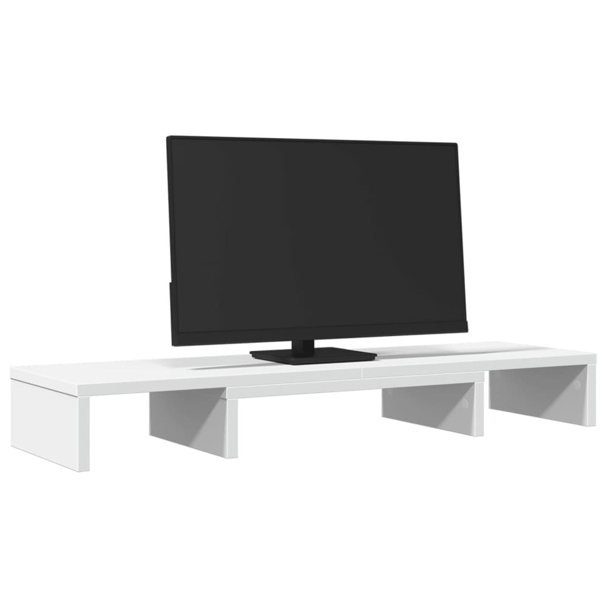 Ein weißer TV-Ständer mit einem schwarzen Fernseher darauf, vor weißem Hintergrund.