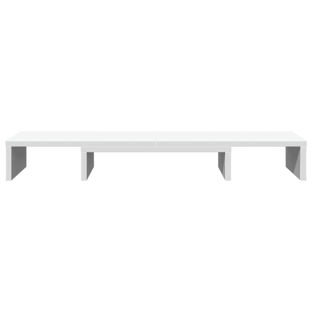 Ein weißer, langer, moderner Schreibtisch mit schlichtem Design, vor weißem Hintergrund.