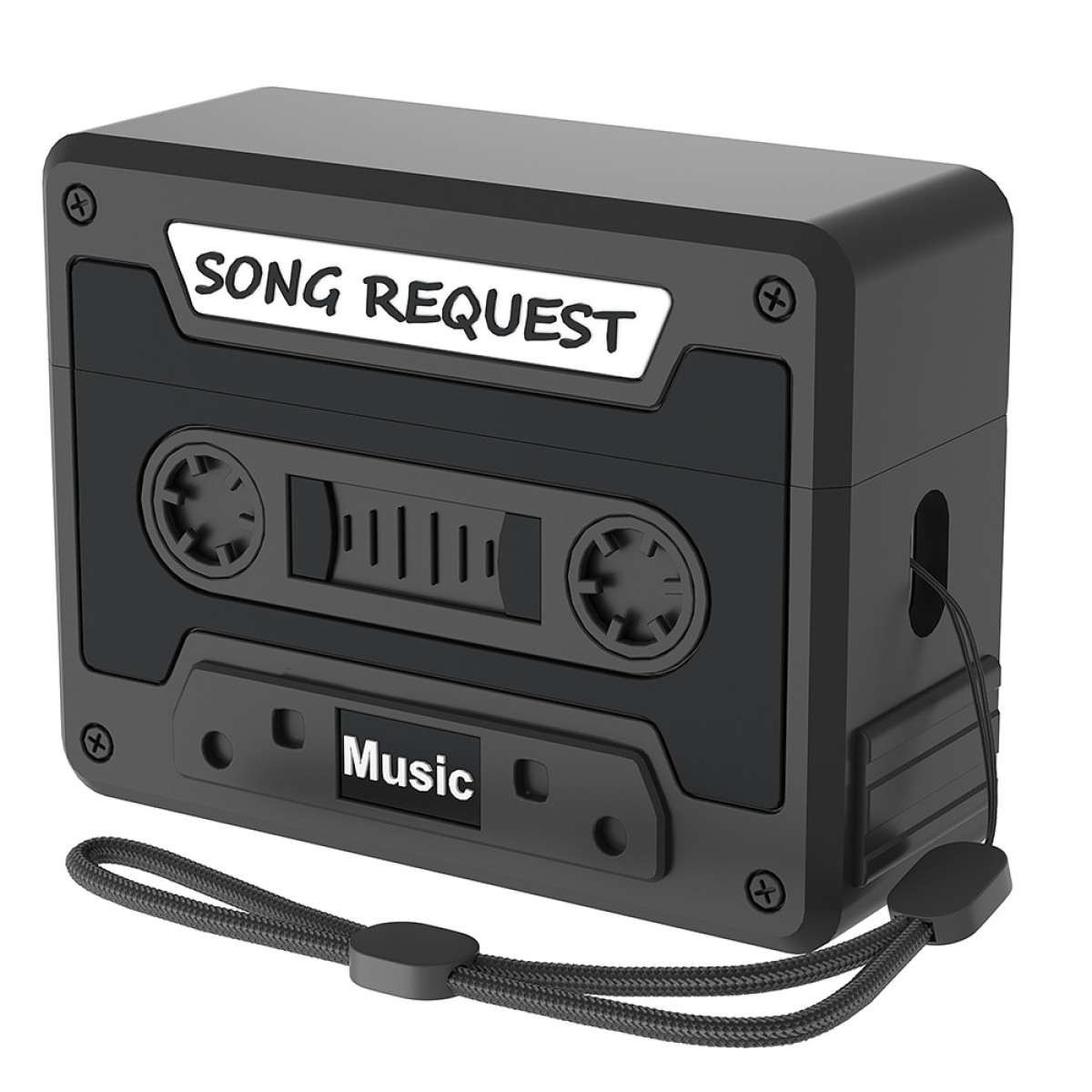 Custodia nera a forma di cassetta con cinturino e le parole "Music" e "Song Request".