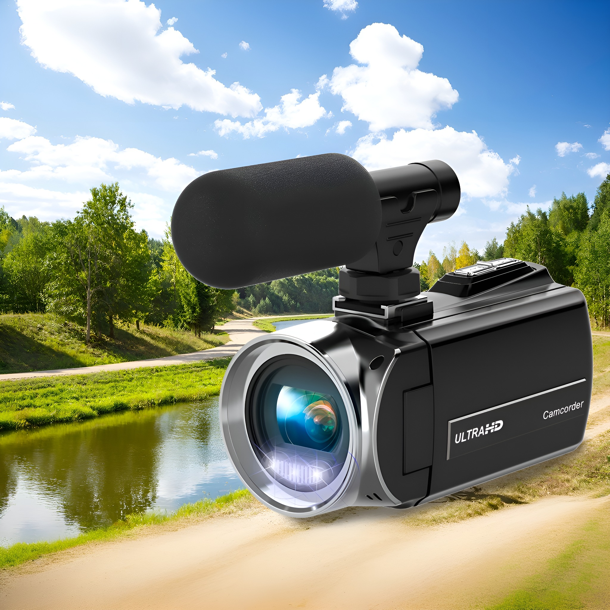 Eine schwarze Camcorder mit Mikrofon in natürlicher Umgebung.