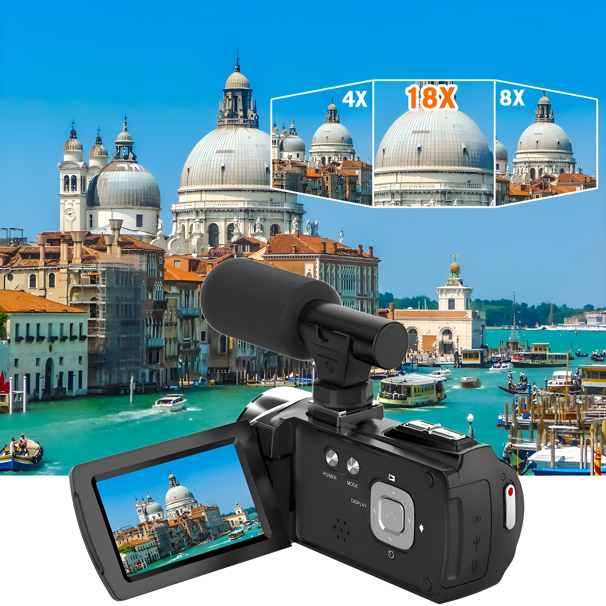 Eine schwarze Camcorder, die eine Szene von Venedig zeigt. Drei vergrößerte Ansichten eines Gebäudes sind oben rechts.