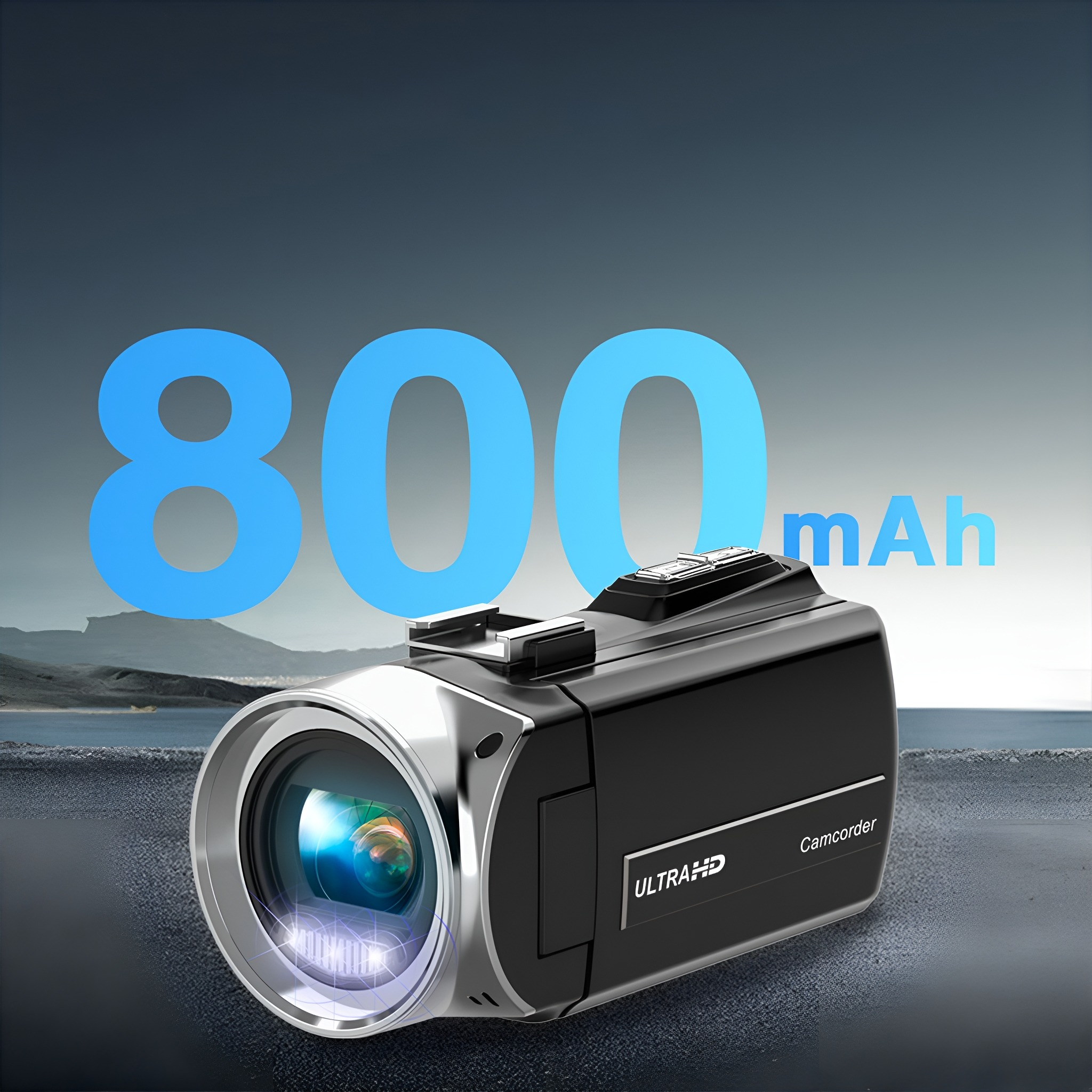 Eine schwarze Camcorder mit silbernem Objektiv, mit der Zahl 800 und dem Wort mAh.