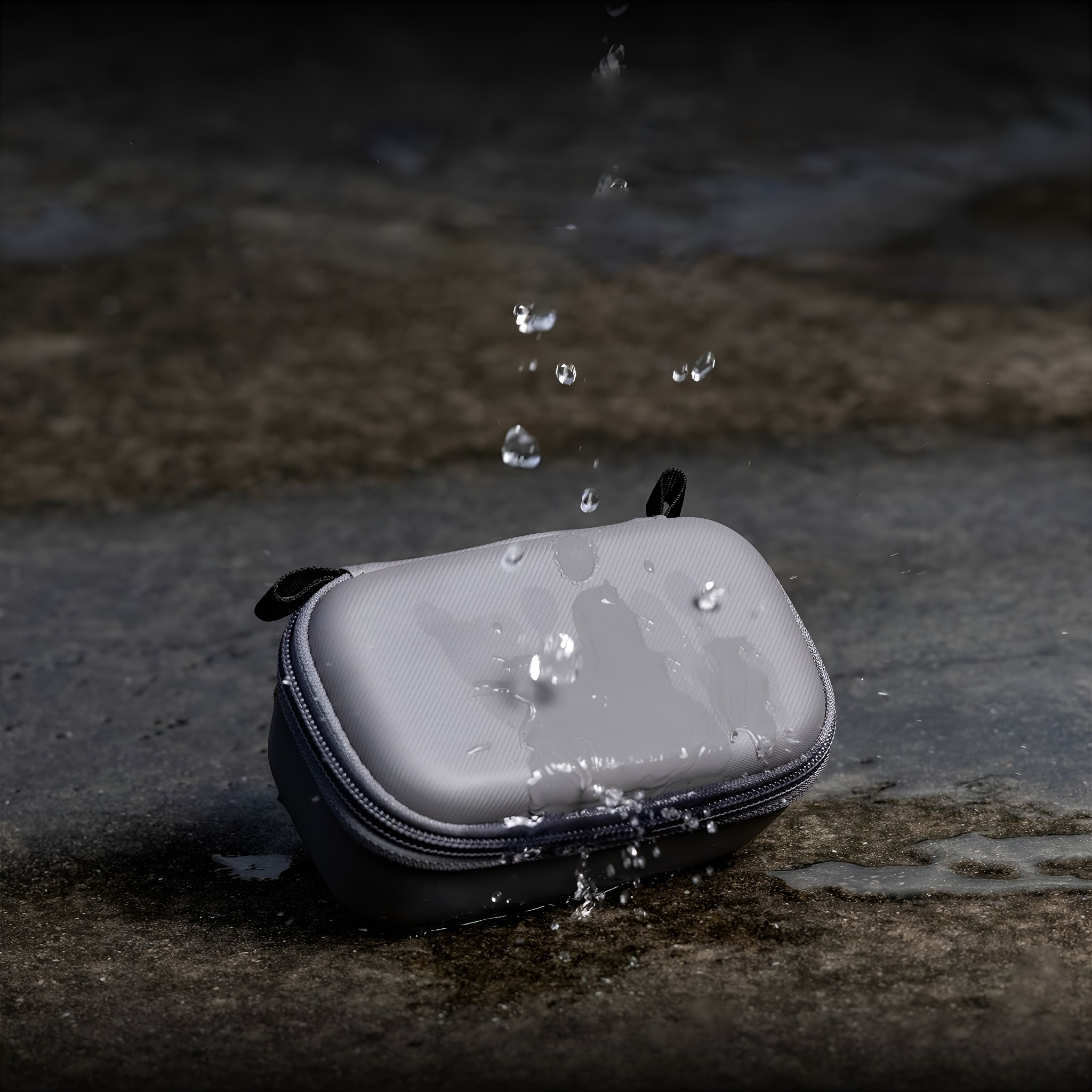 Graue, wasserabweisende Tragetasche mit Wassertropfen auf der Oberfläche auf grauem Untergrund.