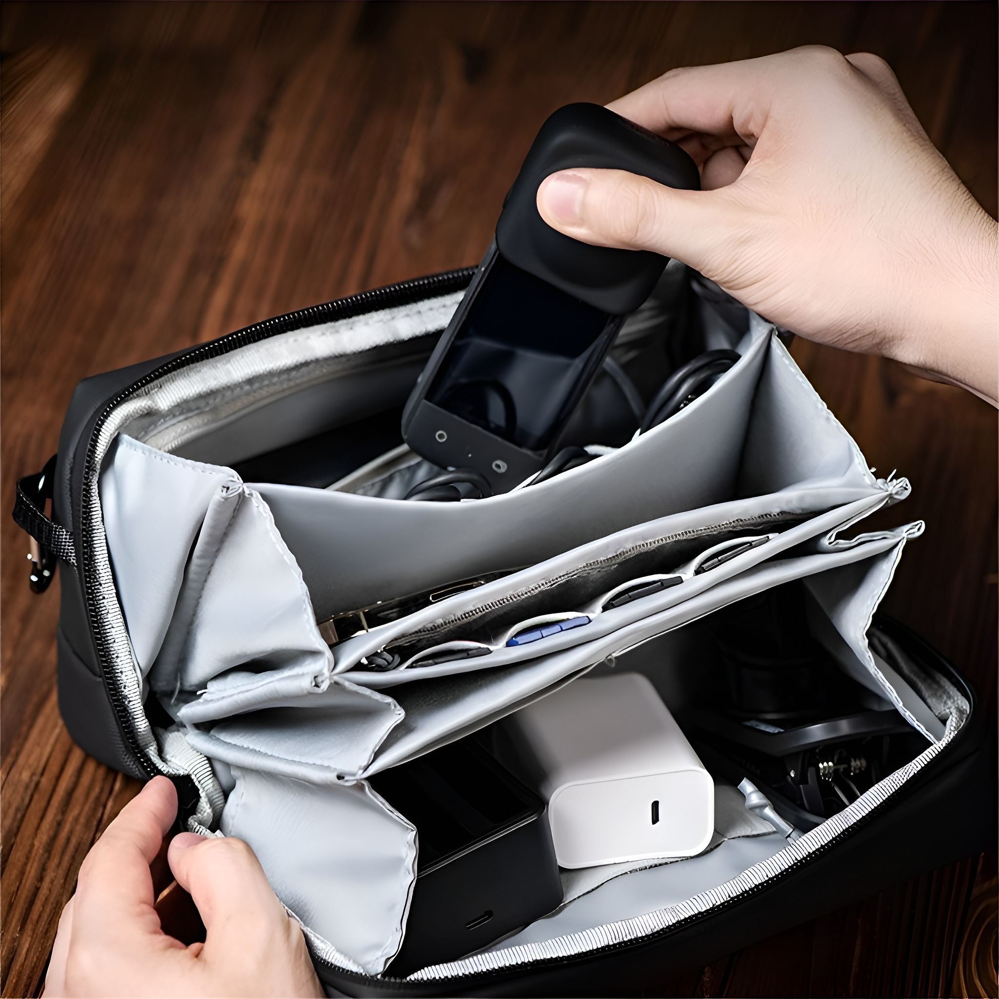 Eine Hand entnimmt ein schwarzes Telefon aus einer schwarzen Tasche. Im Inneren sind verschiedene Gegenstände sichtbar, darunter ein Ladegerät.