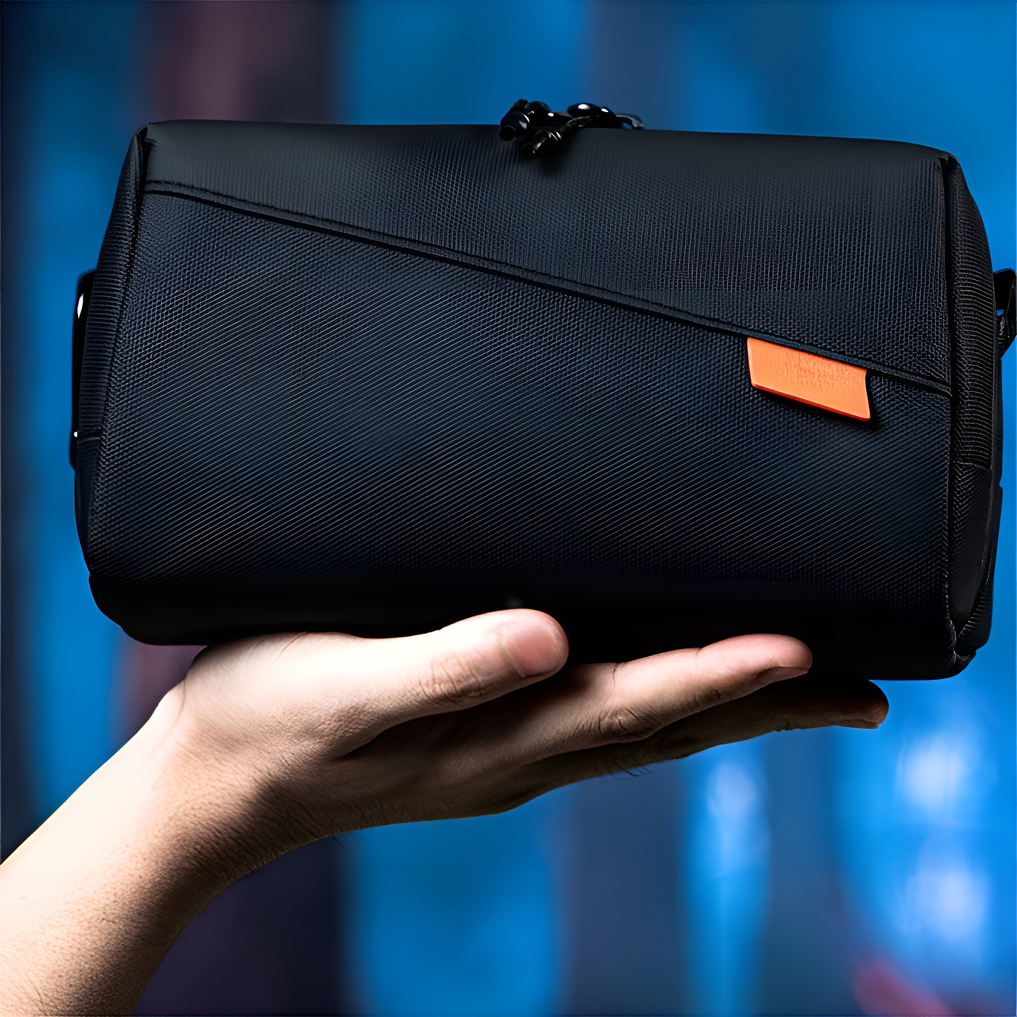 Schwarze Tasche in der Hand; orangefarbenes Etikett an der Seite.