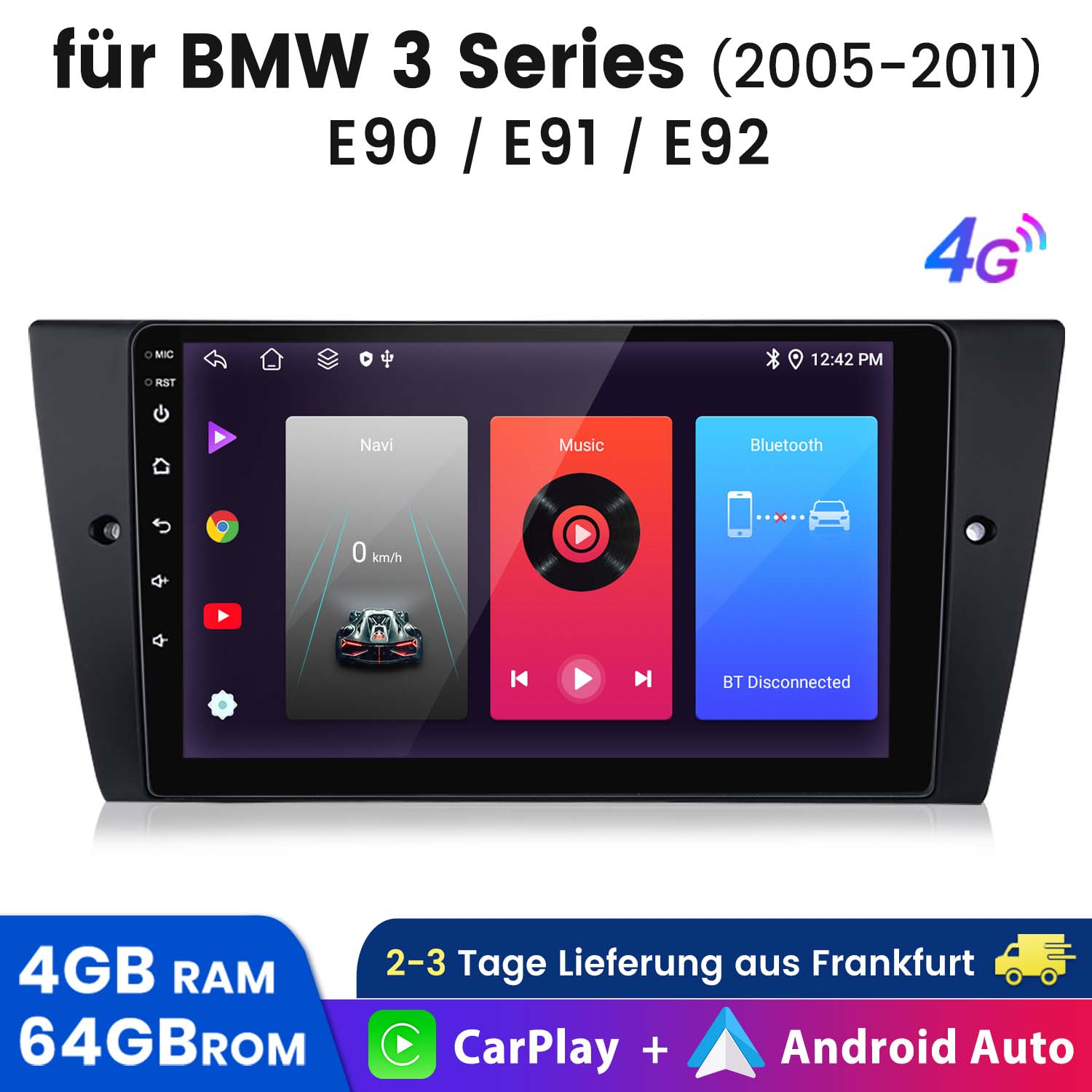 Ekran systemu informacyjno-rozrywkowego w samochodzie wyświetlający nawigację, muzykę i opcje Bluetooth.