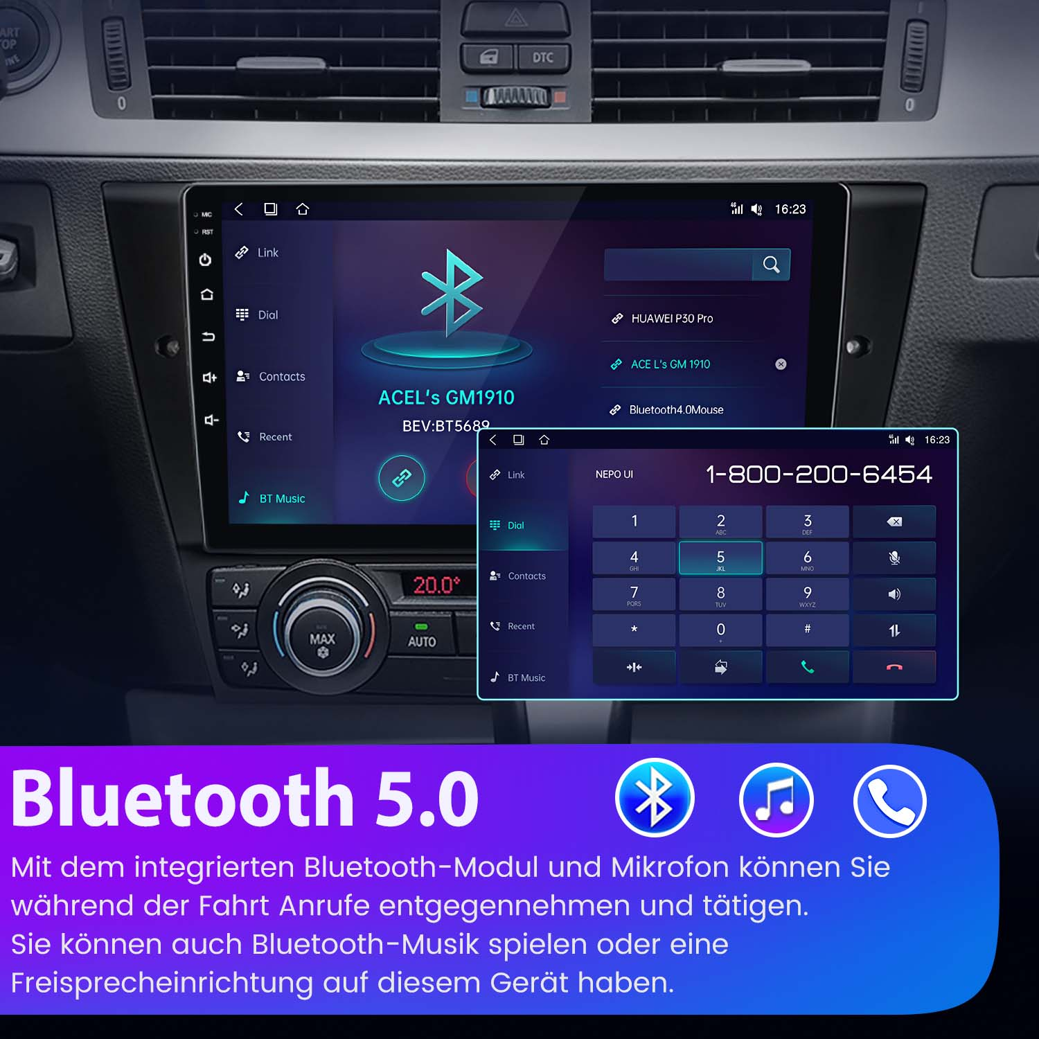 Deska rozdzielcza samochodu z dużym ekranem wyświetlającym interfejs telefonu i reklamę Bluetooth 5.0.
