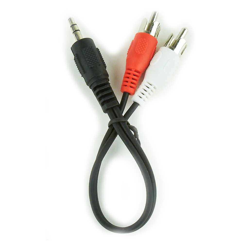 Black, red, and white audio cable with a 3.5mm jack and RCA connectors. It is on a white background.