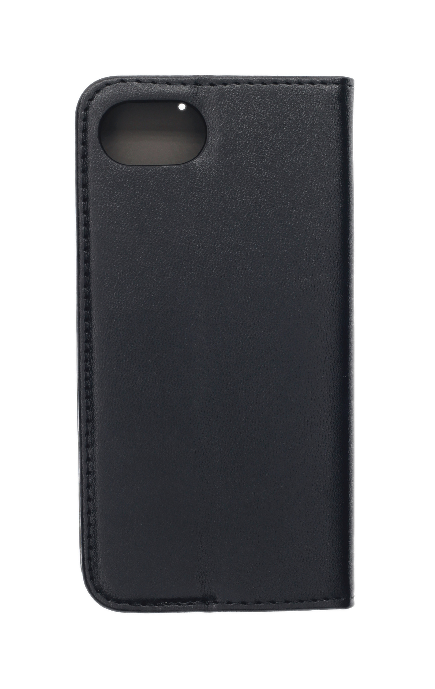 Schwarze Telefonhülle, geschlossen, aus Leder. Nähte sind an den Kanten sichtbar.