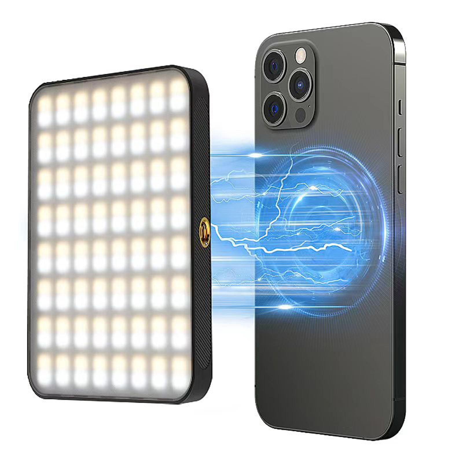 LED-Lichtpanel neben einem Smartphone. Das Licht ist weiß, das Telefon ist schwarz. Blitzgrafik.