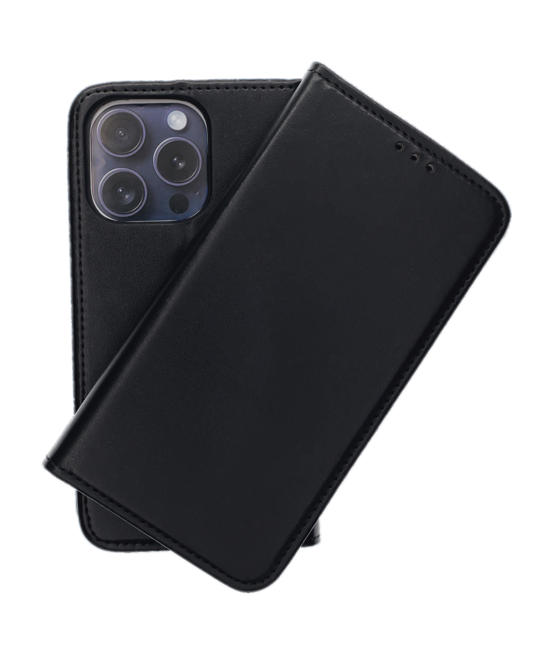 Eine schwarze Handyhülle mit Telefon, auf einer schwarzen Handyhülle, weißer Hintergrund.