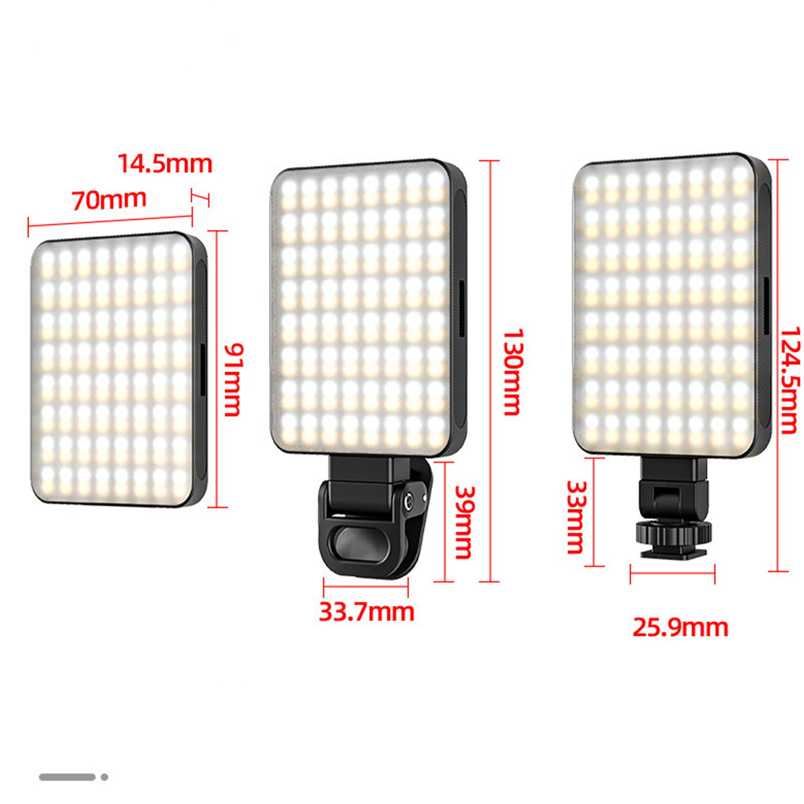 Drei LED-Leuchten: eine befestigt, zwei frei. Maße in mm. Weißer Hintergrund.