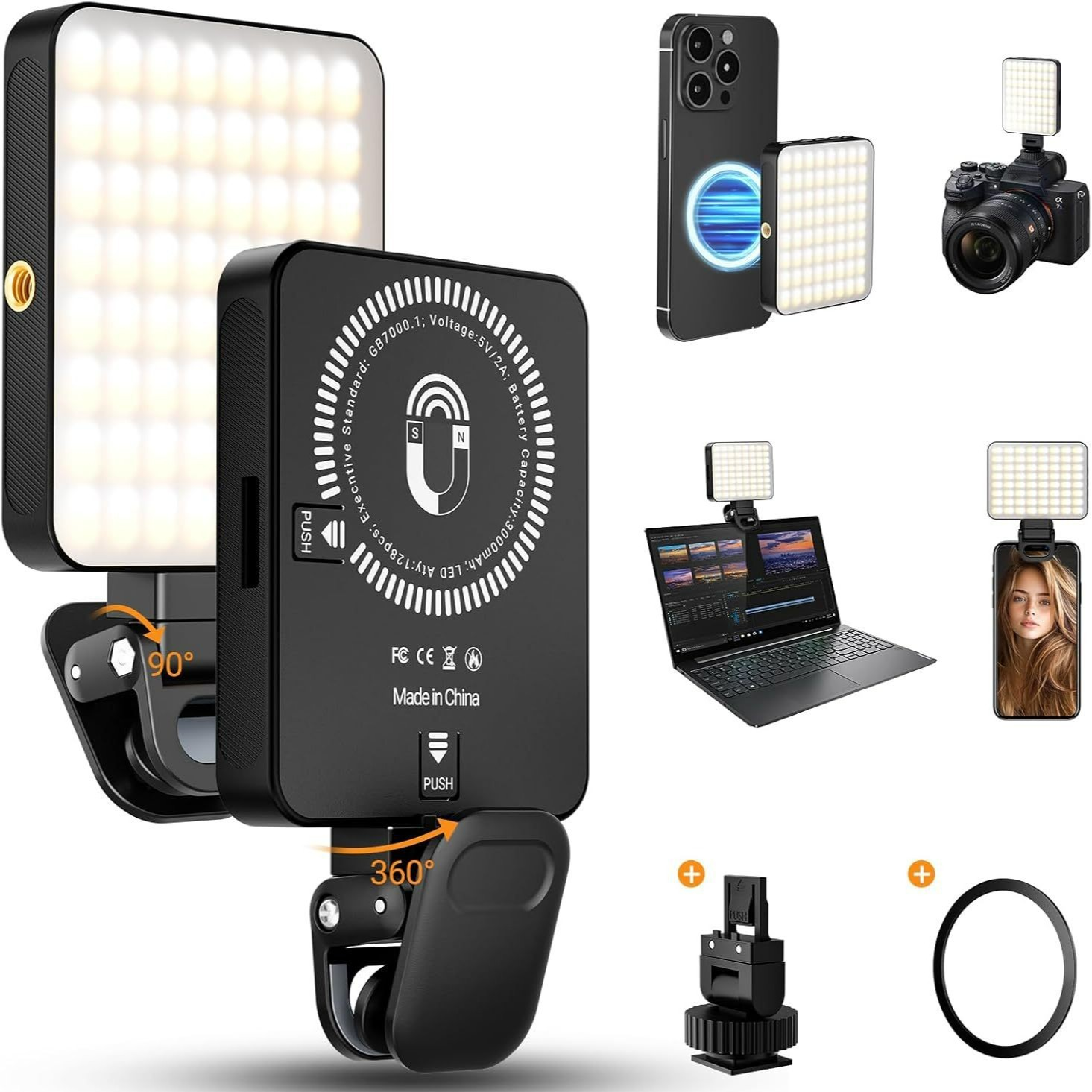 Schwarzes LED-Videolicht mit Aufsätzen. Zeigt Beispiele für die Verwendung mit Telefonen und Kameras.