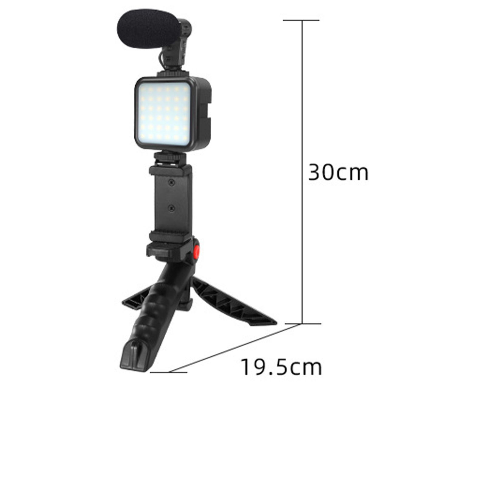 Kleines schwarzes Stativ mit Mikrofon und Licht befestigt. Die Abmessungen des Aufbaus werden angegeben.