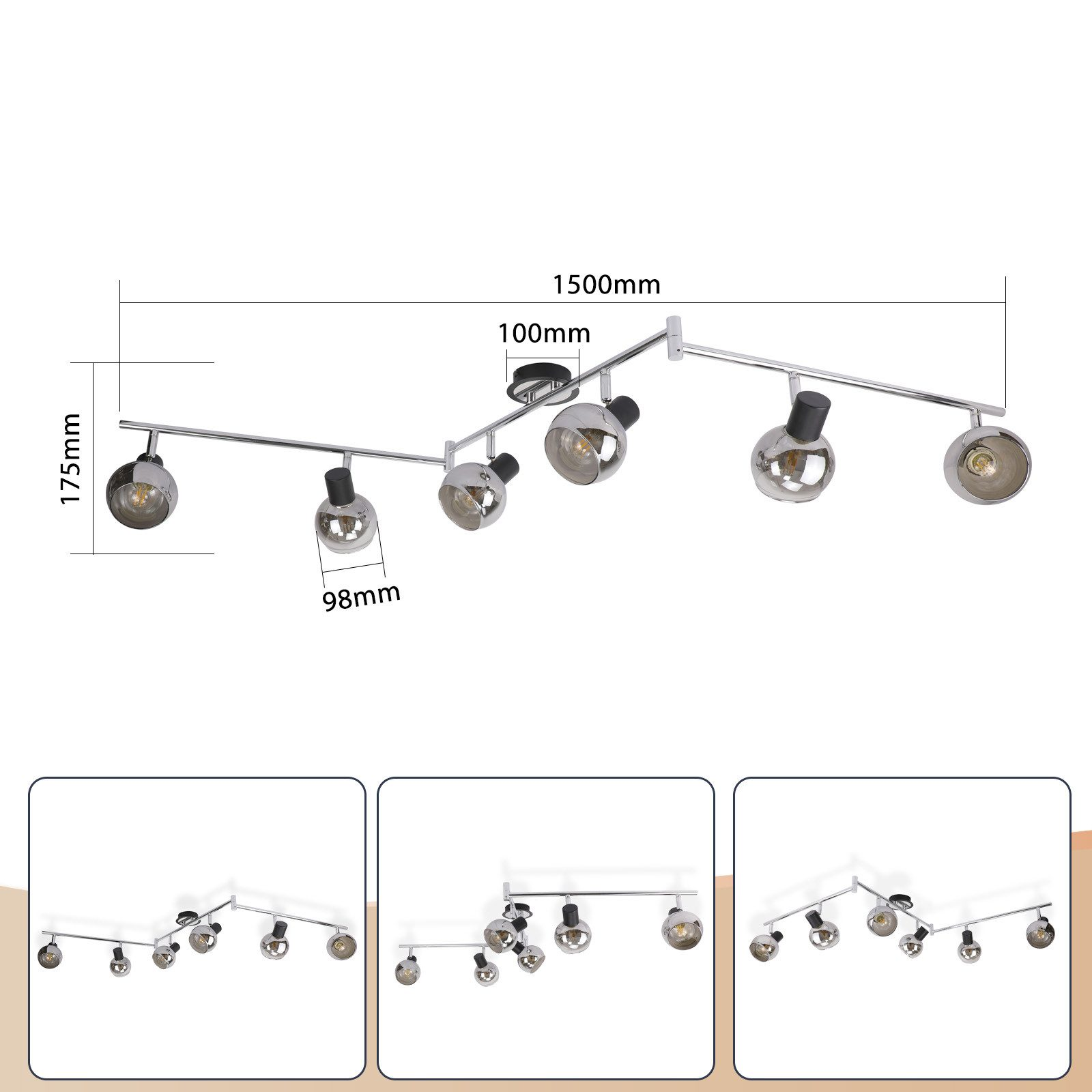 Długa chromowana oprawa oświetleniowa sufitowa z sześcioma światłami. Pokazano wymiary.