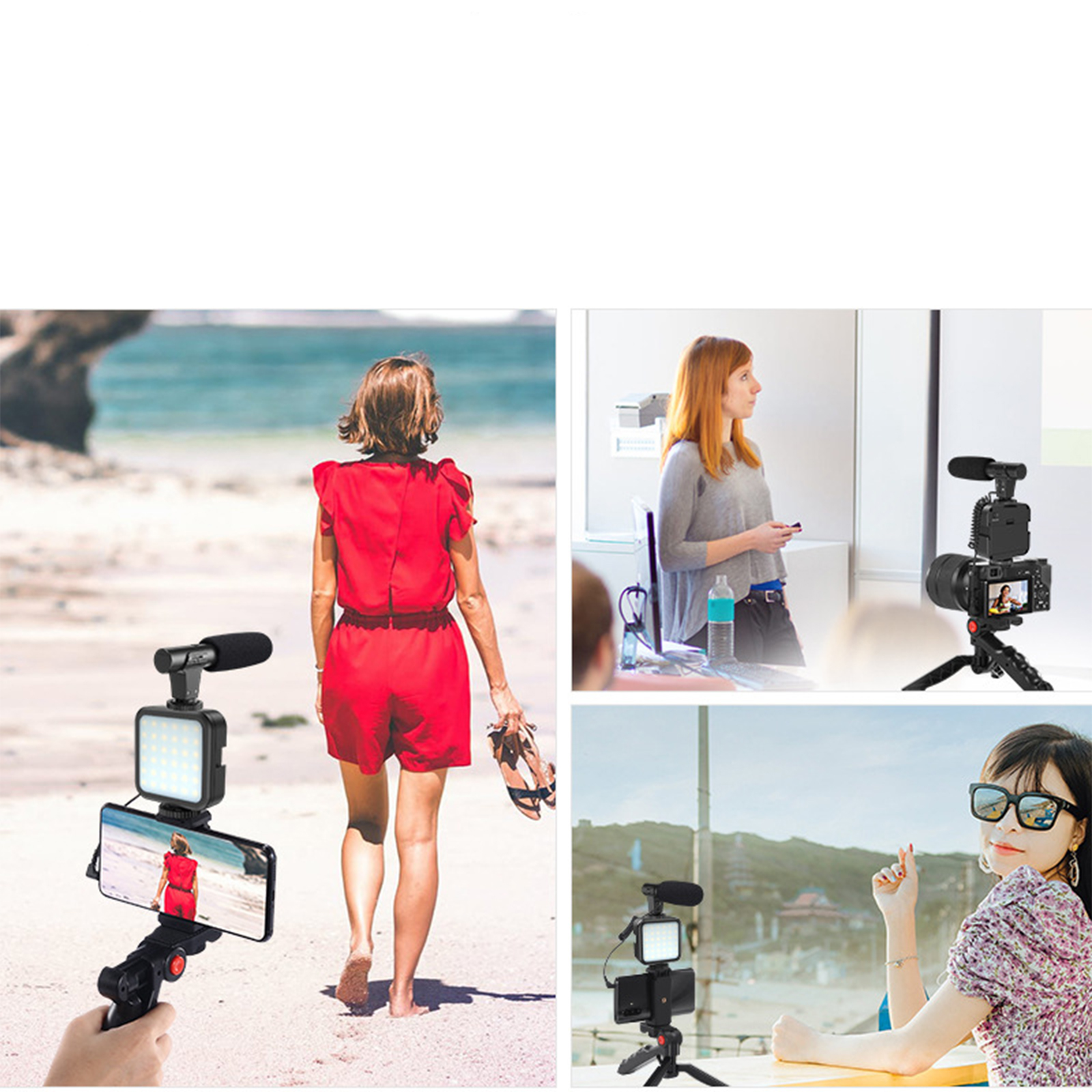 Szenen mit einer Frau am Strand, einer präsentierenden Frau und einer Frau mit Sonnenbrille.