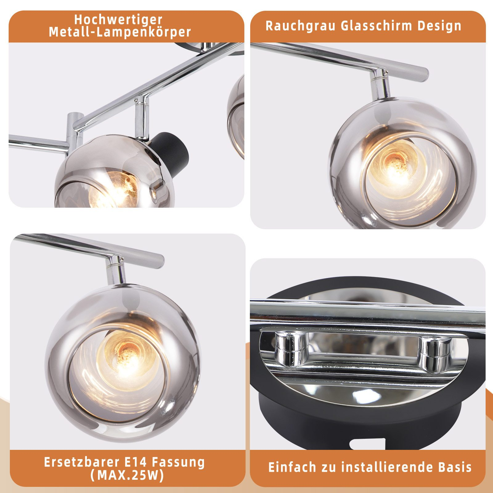 Cztery zbliżenia srebrnej i chromowanej oprawy oświetleniowej z trzema okrągłymi światłami i tekstem w języku niemieckim.