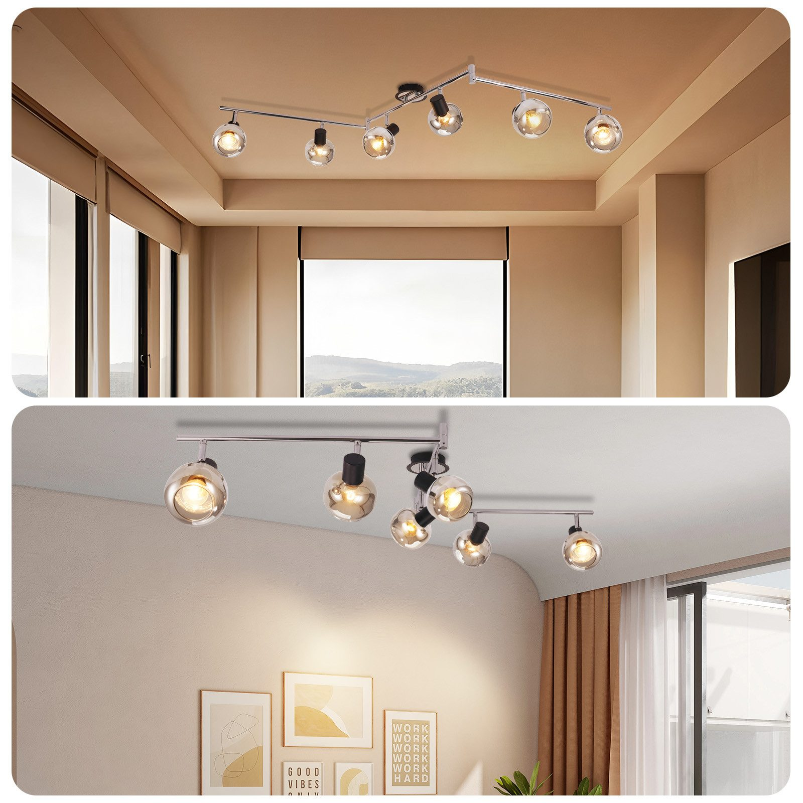 Dwa zdjęcia lampy sufitowej z reflektorami. Drugie zdjęcie pokazuje zainstalowaną lampę.