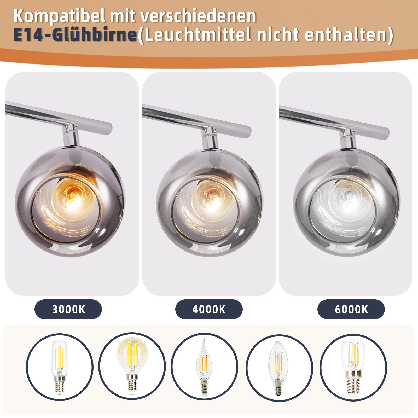 Trzy żarówki w różnych temperaturach. Srebrne oprawy, białe tło.