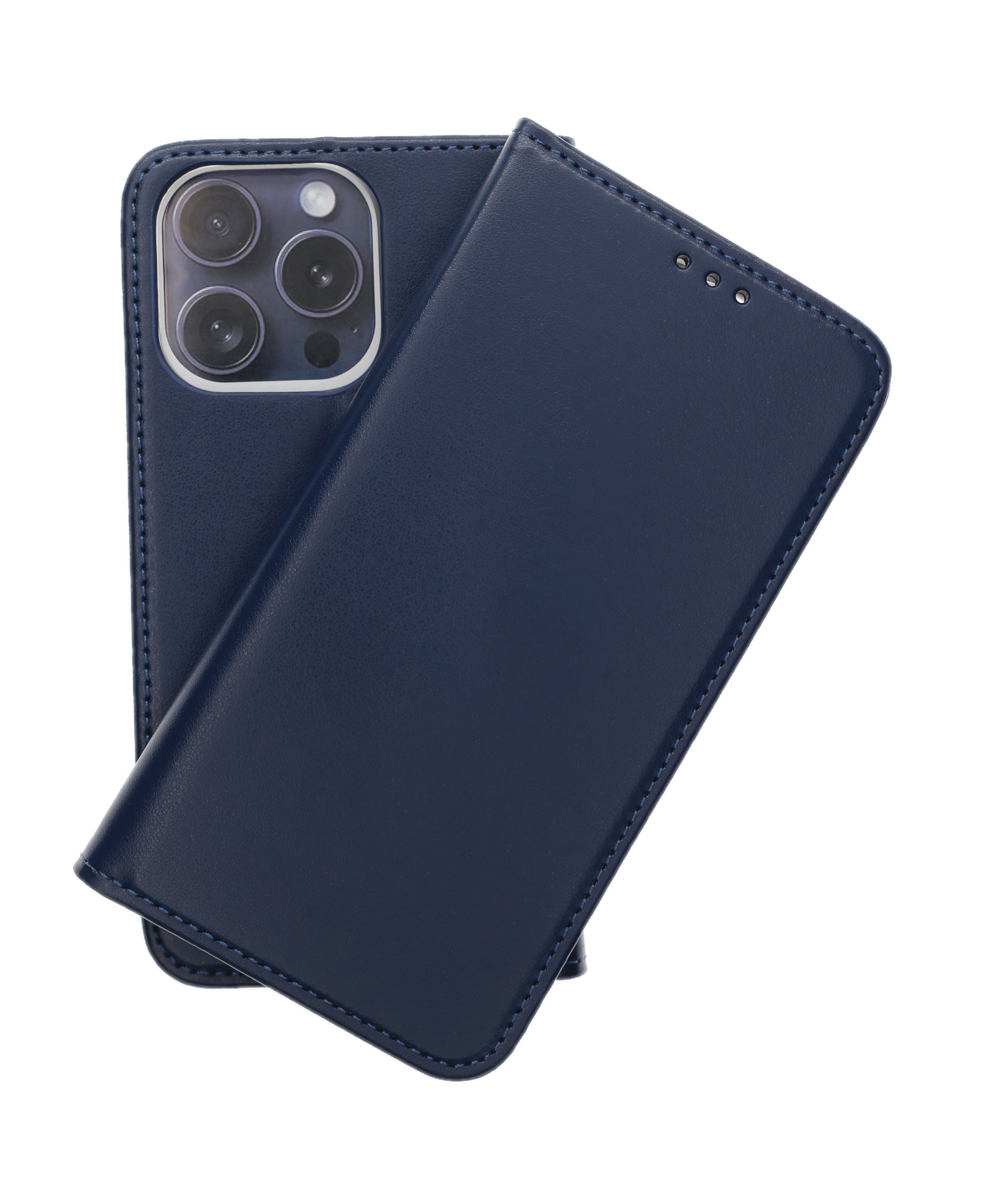 Blaue Handyhülle, geöffnet, um das Telefon freizugeben. Drei Kameralinsen sind sichtbar.