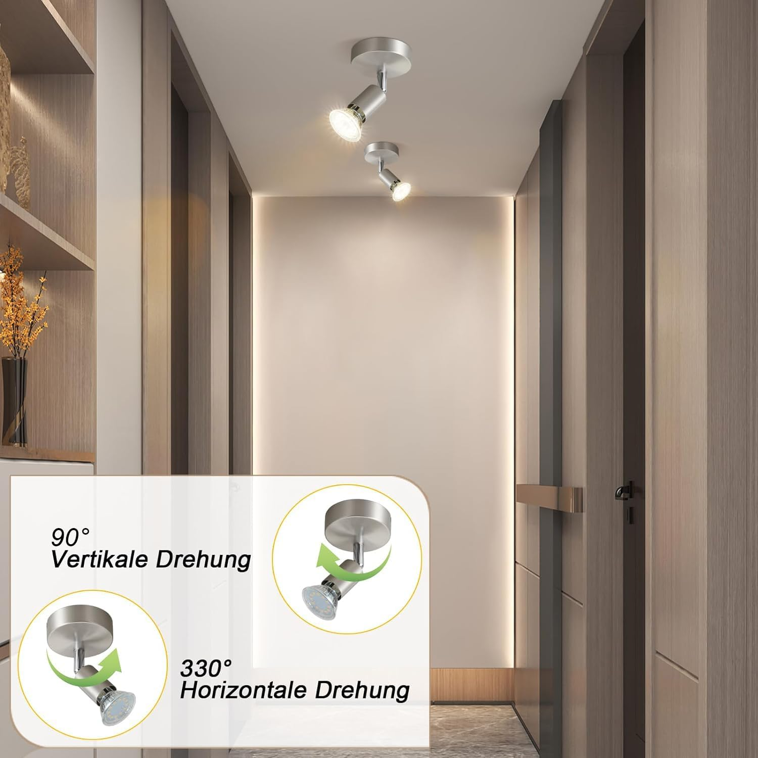 Trzy srebrne reflektory na suficie w korytarzu. Diagramy pokazują kąty obrotu.