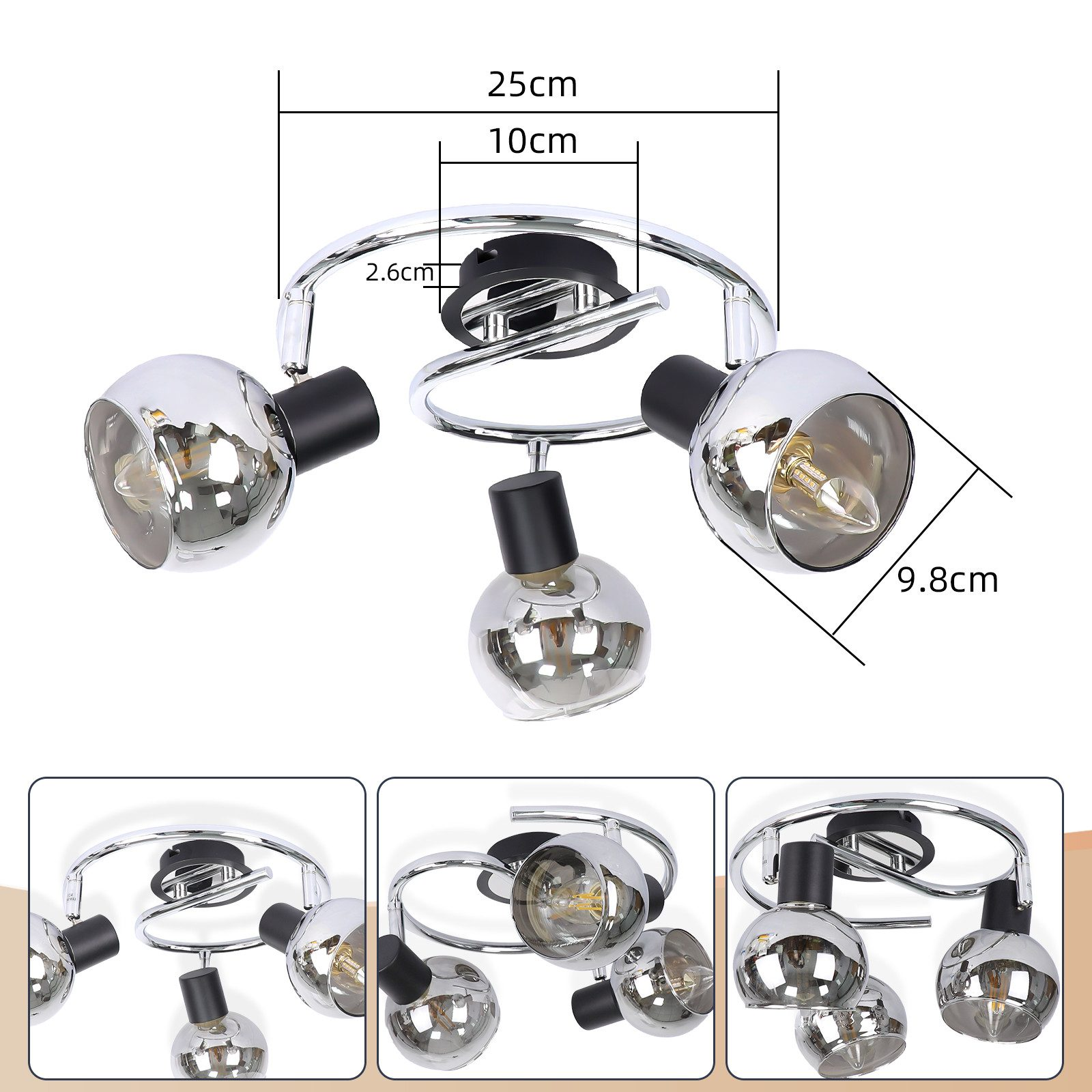 Srebrna metalowa lampa sufitowa z trzema reflektorami. Wymiary są oznaczone wokół oprawy.