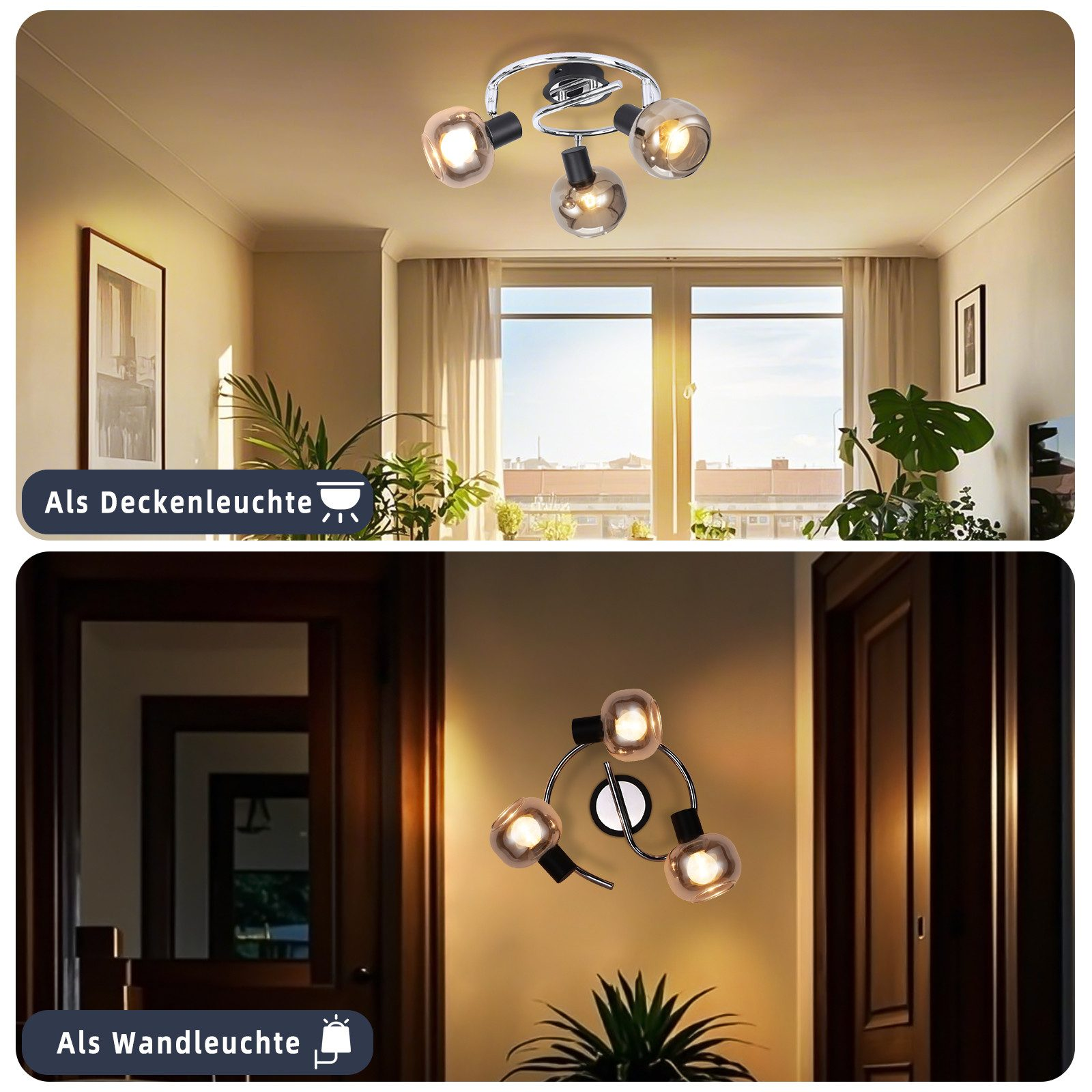 Dwa obrazy przedstawiające lampę sufitową. Jeden pokazuje ją jako światło sufitowe, drugi jako lampę ścienną.