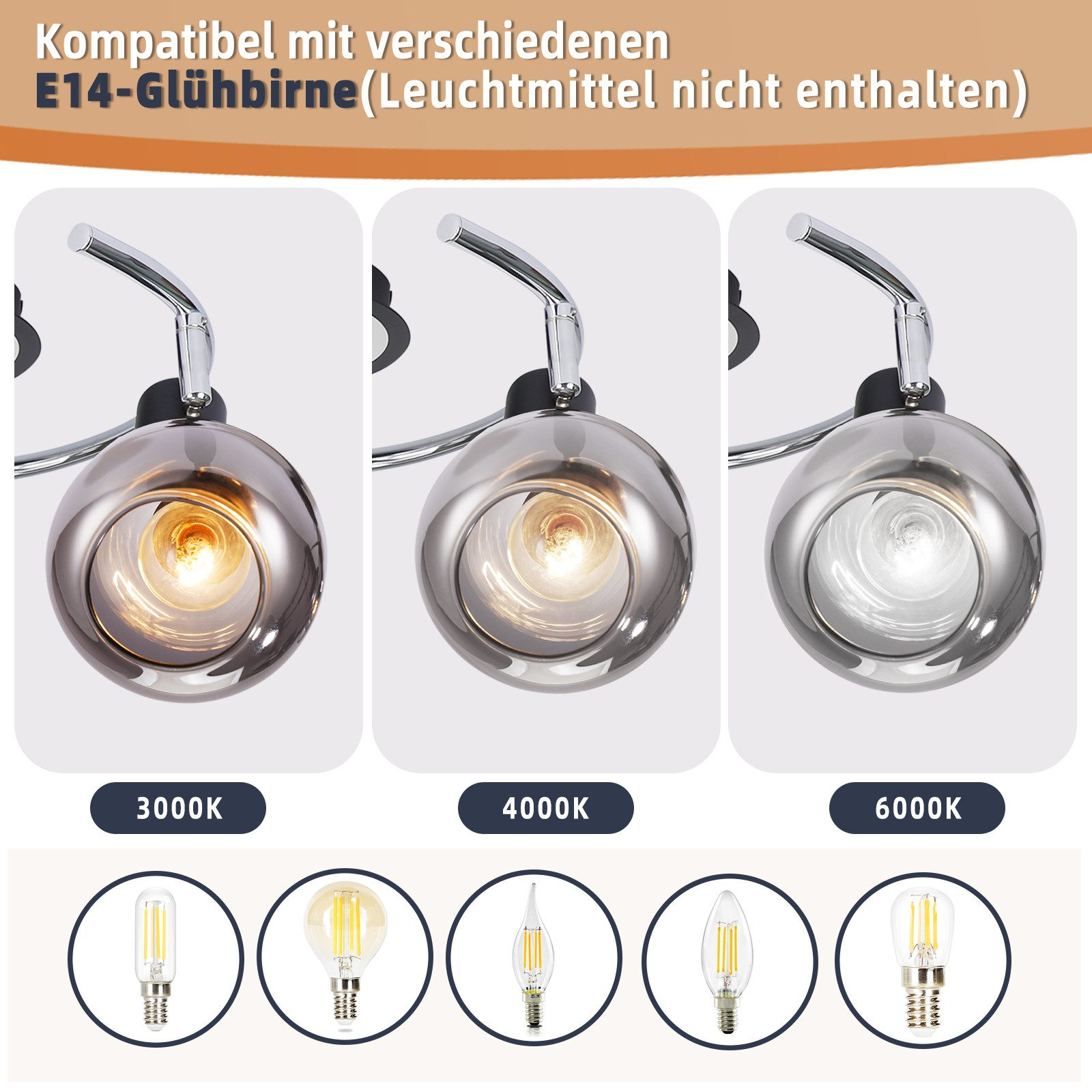 Trzy oprawy oświetleniowe z żarówkami. Opcje 3000K, 4000K, 6000K z różnymi typami żarówek.