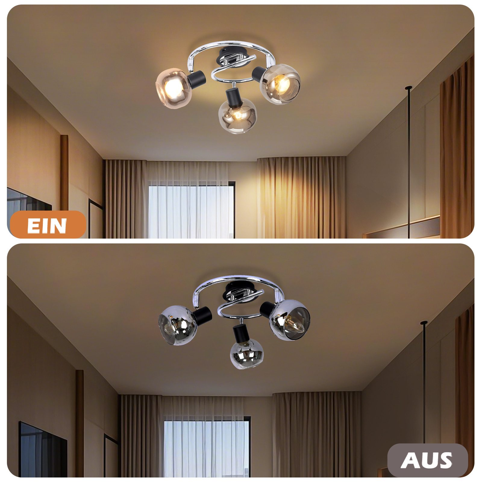 Dwa obrazy pokazujące tę samą lampę sufitową włączoną i wyłączoną, z etykietami tekstowymi.