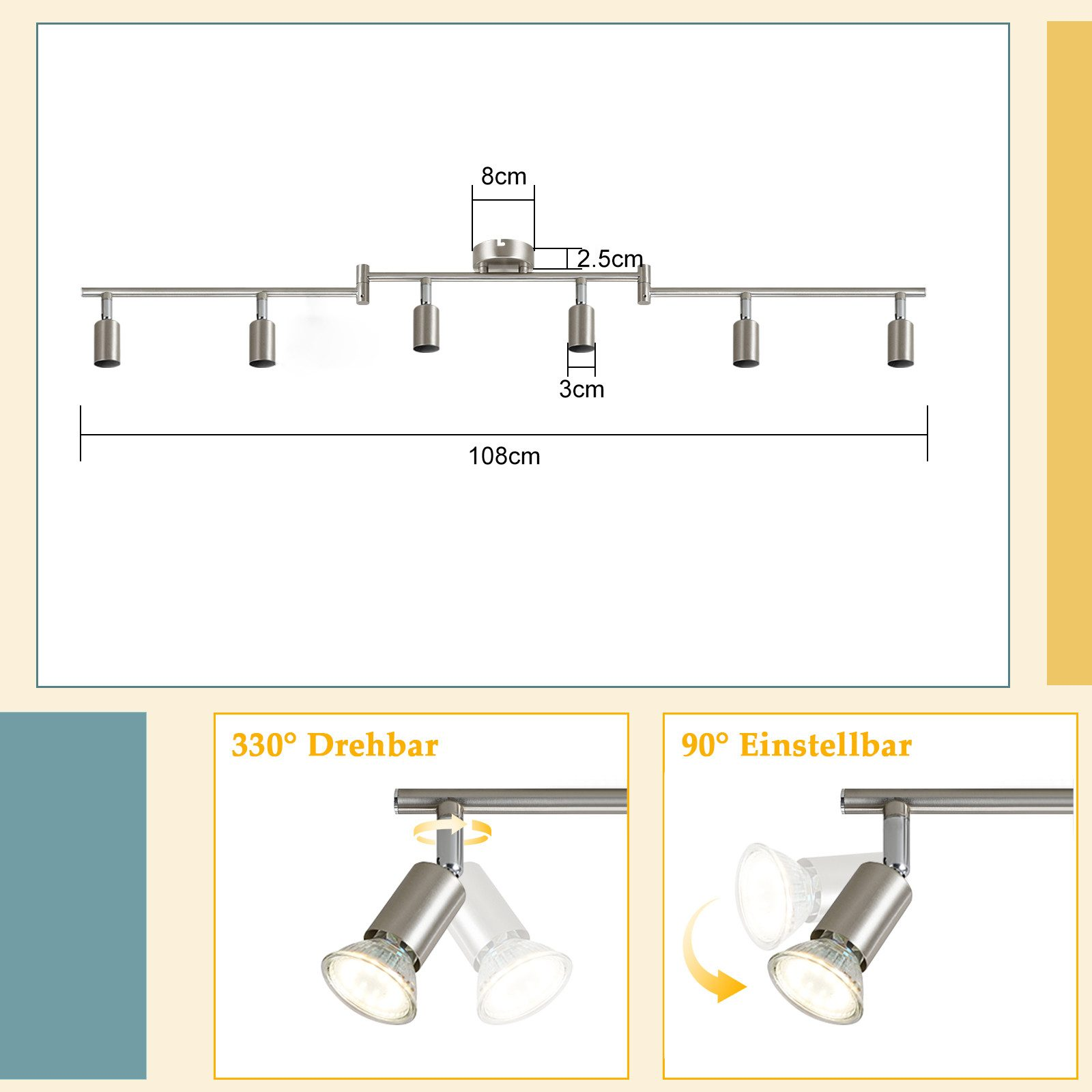 Oprawa oświetlenia szynowego. Składa się z wielu świateł. Schemat pokazuje wymiary.