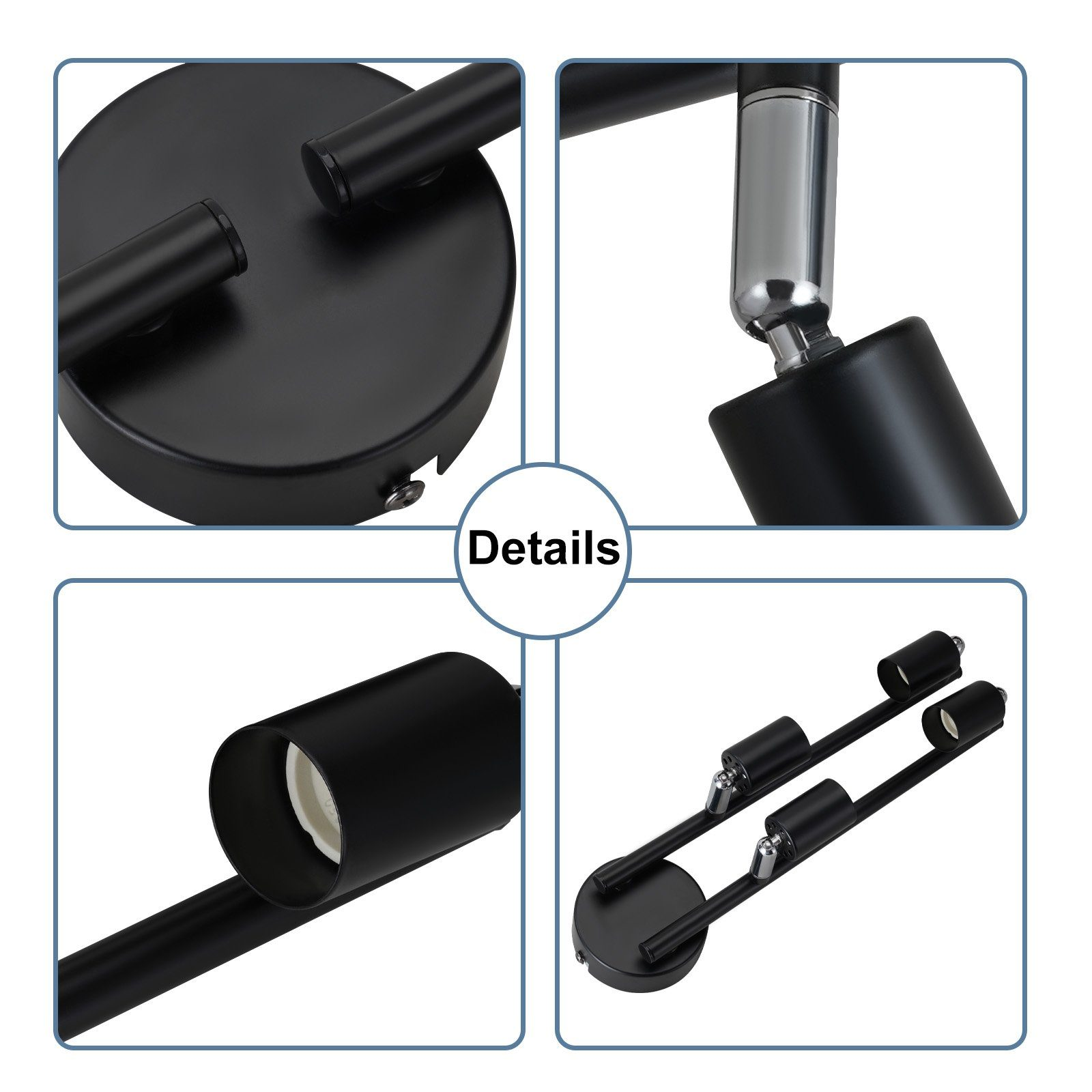 Zbliżenia szczegółów czarnej oprawy oświetleniowej szynowej. Zawiera lampę, podstawę i złącze.