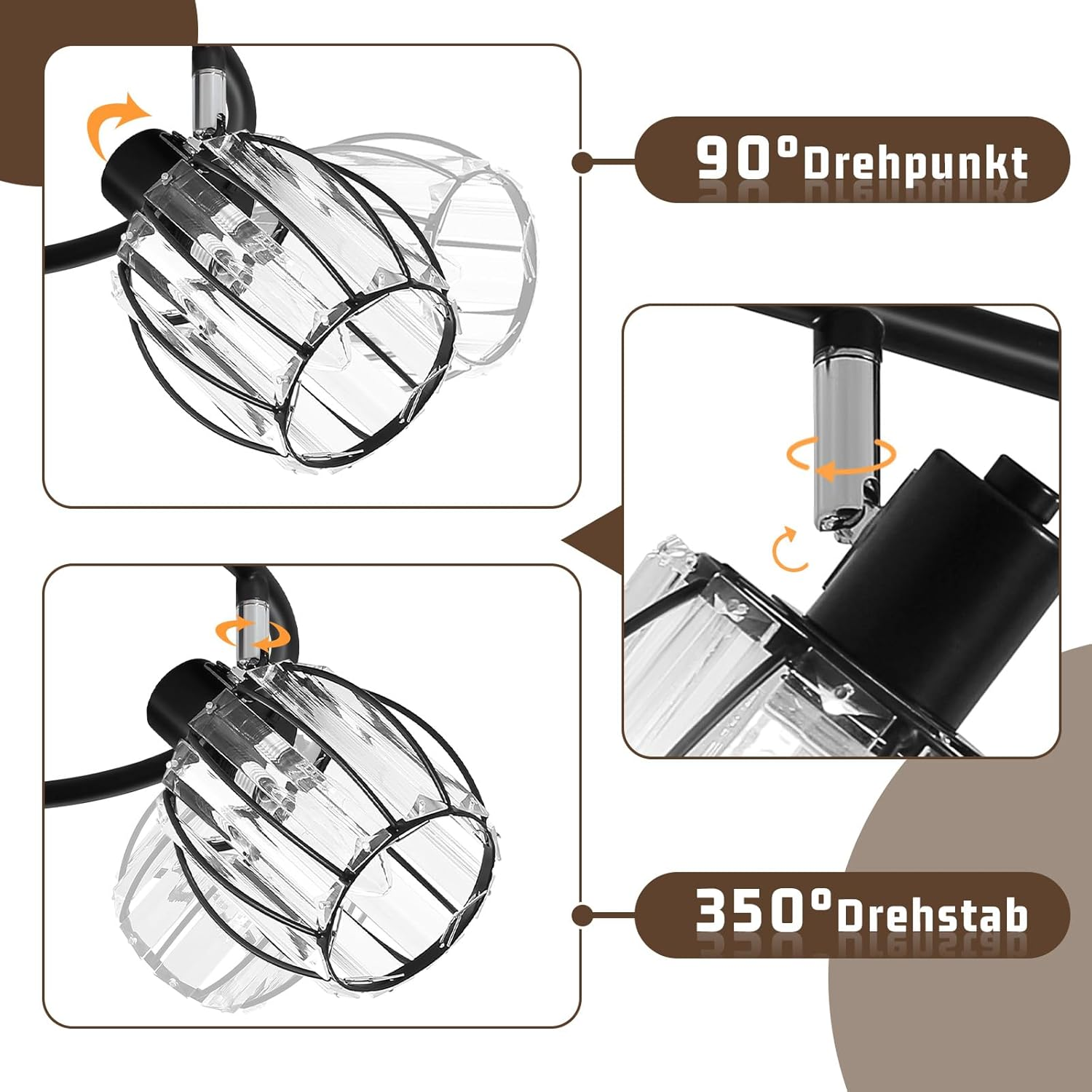 Schemat pokazujący możliwości obrotu reflektora: obrót o 90° i obrót o 350°.
