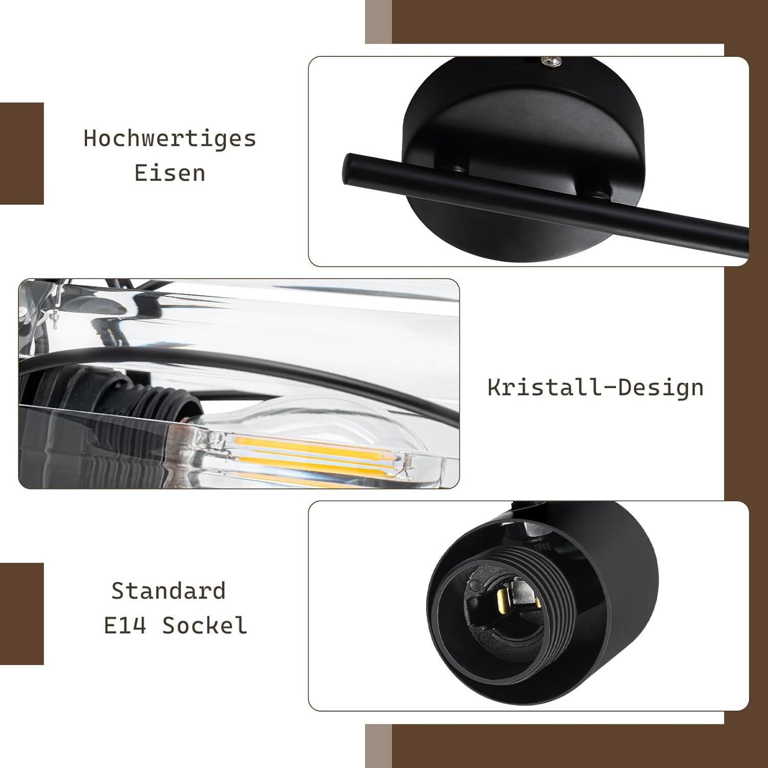 Zbliżenie czarnej oprawy oświetleniowej ze szczegółowymi widokami żelaza, kryształowego wzoru i gniazda E14.