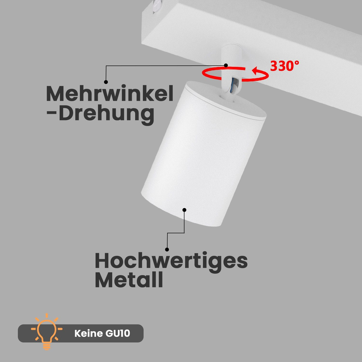 Biały regulowany reflektor, z napisem 'Mehrwinkel-Drehung' i 'Hochwertiges Metall'.