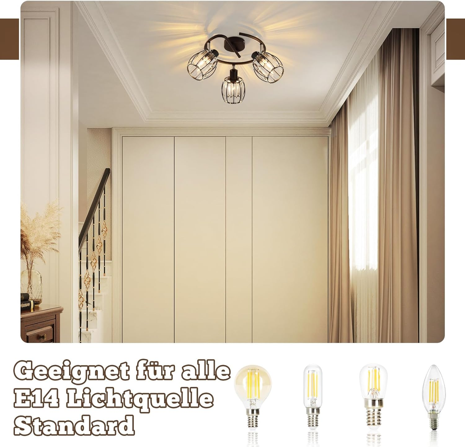 Oprawa sufitowa z trzema wiszącymi światłami i żarówkami. Tekst na dole.