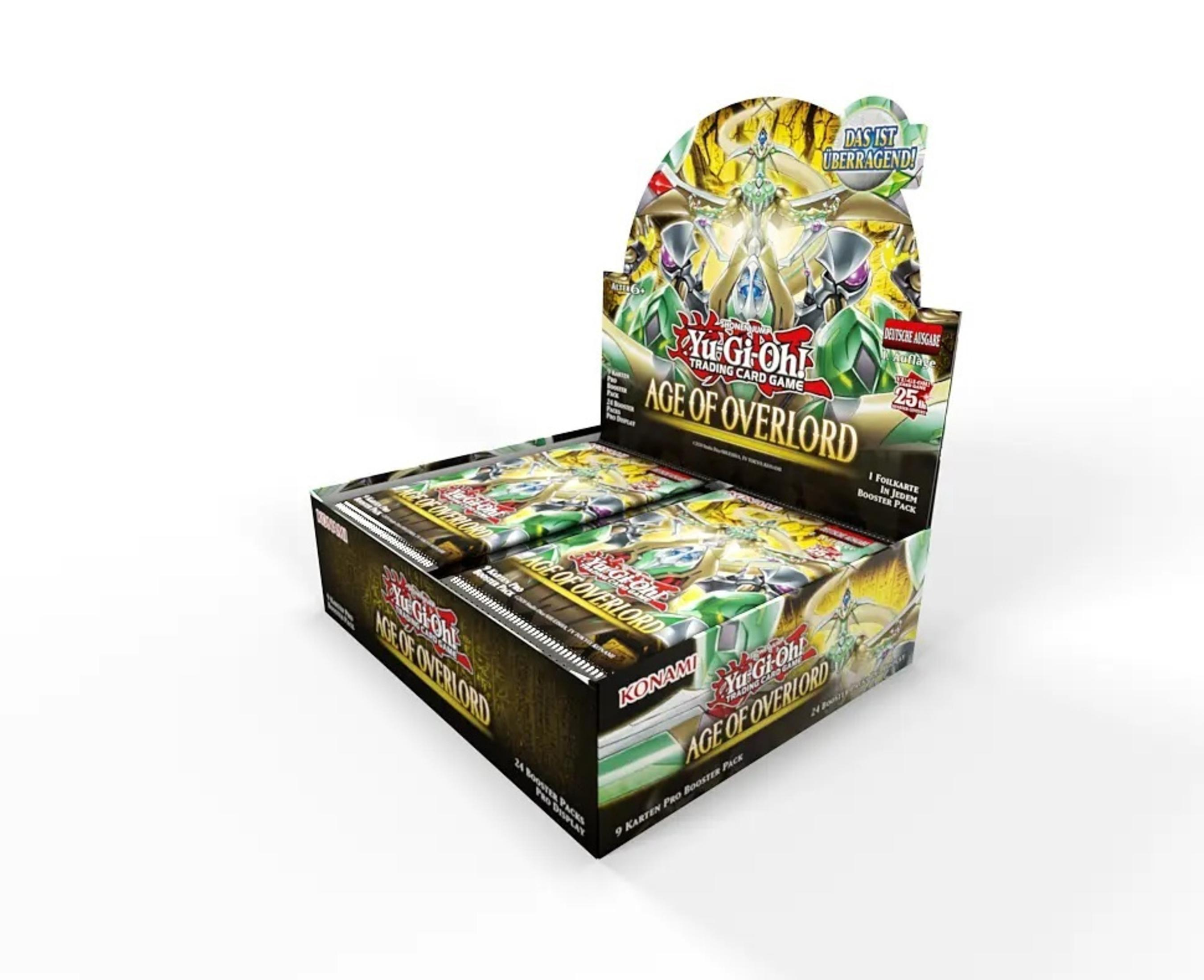 Schachtel mit Yu-Gi-Oh!-Sammelkarten mit mehreren Packungen. Enthält den Text 'Age of Overlord' und anderer Text.