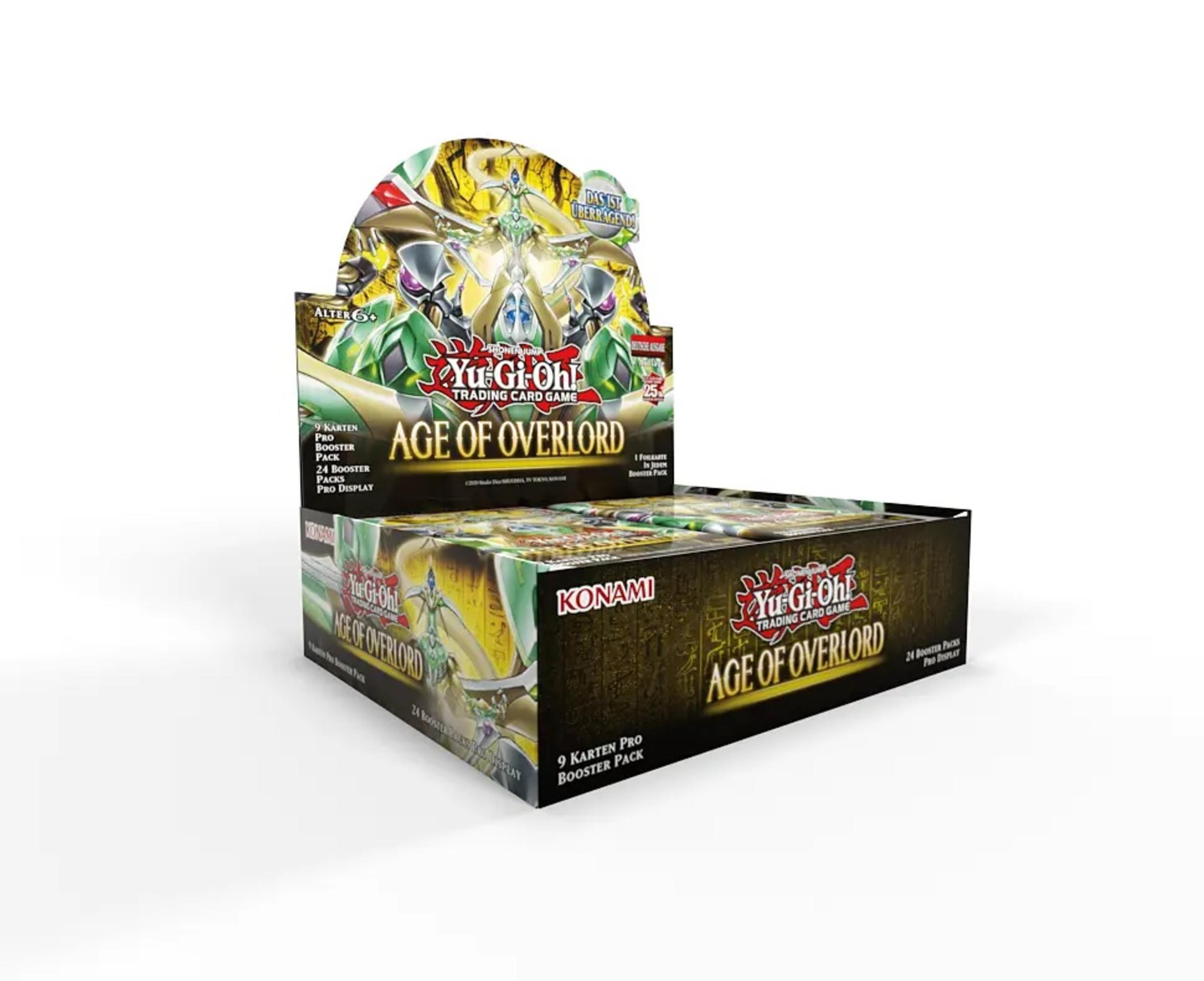 Ein Yu-Gi-Oh! Age of Overlord Kartenbox-Display, das die Produktverpackung zeigt.