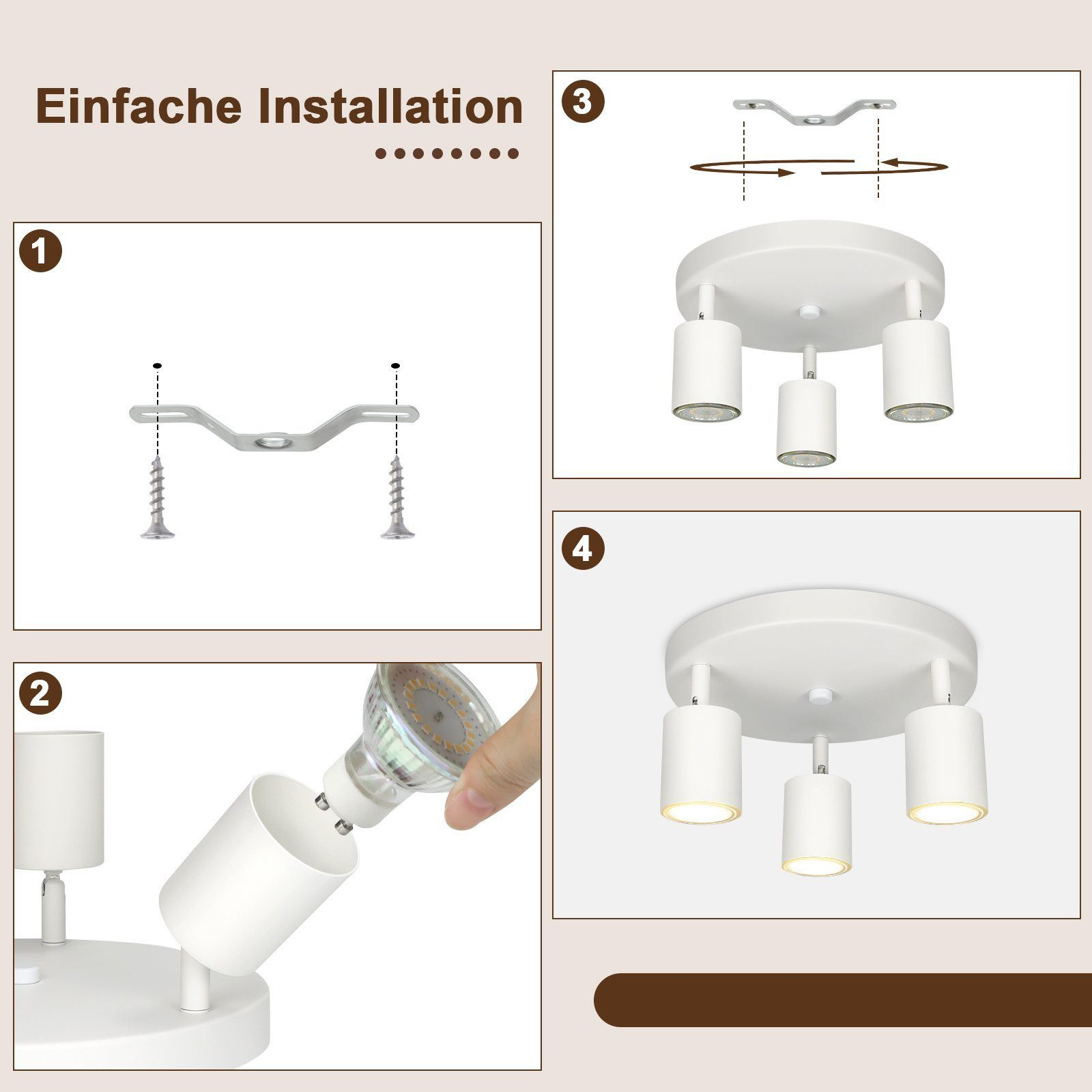 Instrukcja instalacji lampy sufitowej. Cztery kroki pokazane na diagramach.
