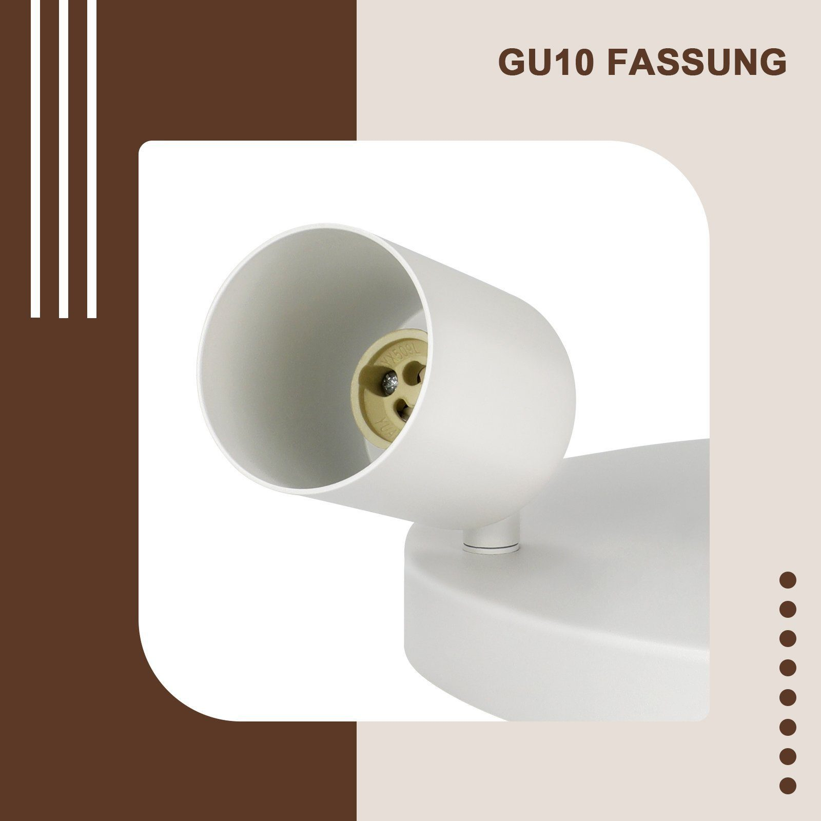 Biały reflektor z cylindryczną głowicą, oznaczony GU10. Tło to biała ściana z brązowymi akcentami.