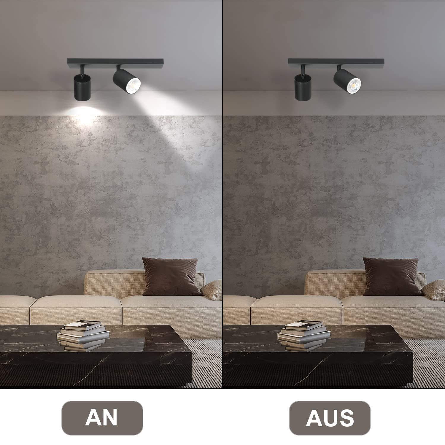 Dwa obrazy przedstawiające czarny reflektor. Jeden jest włączony, drugi wyłączony, z jasnoszarym tłem.