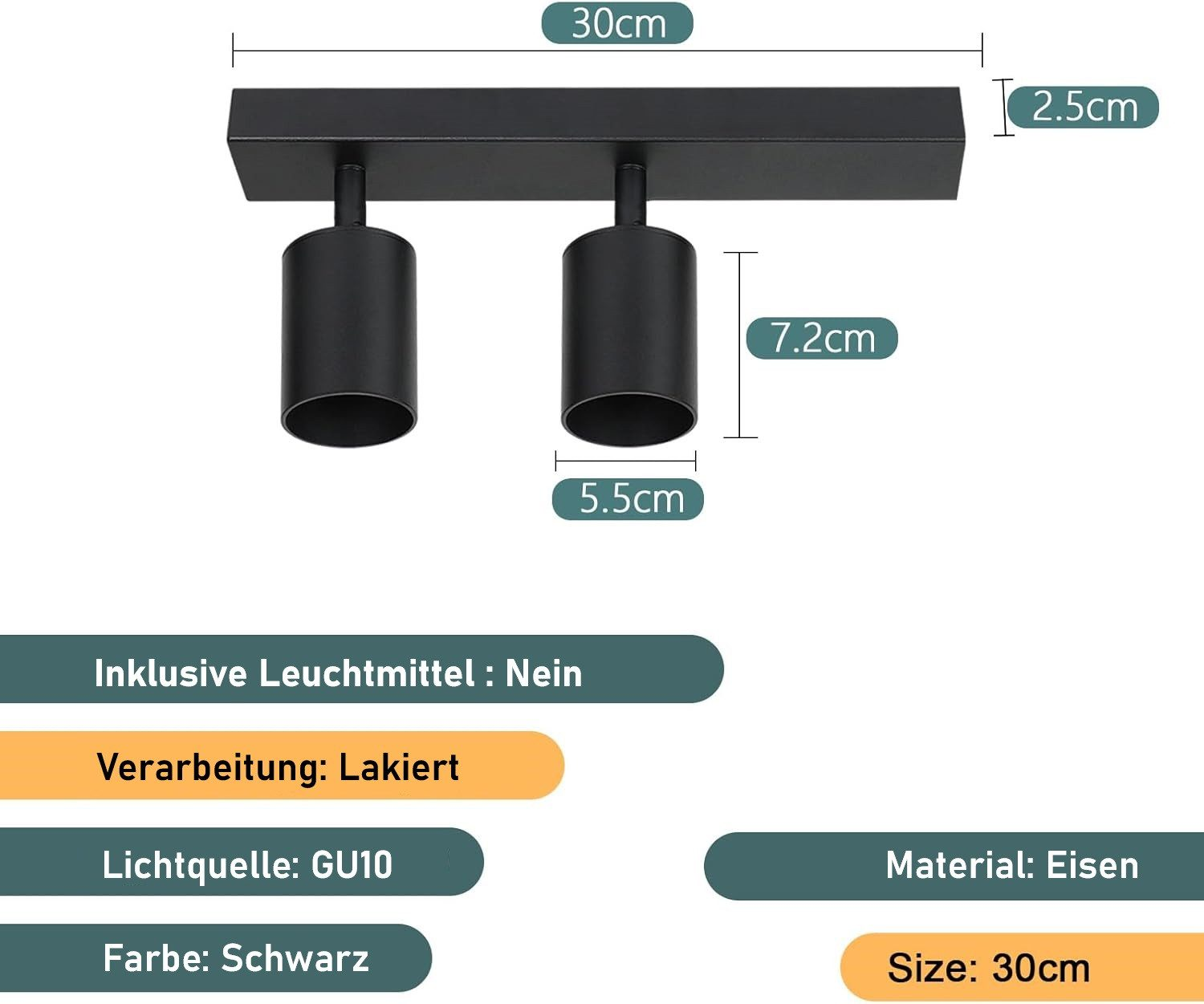 Czarny reflektor sufitowy. Dwa reflektory na czarnym drążku, z wymiarami.