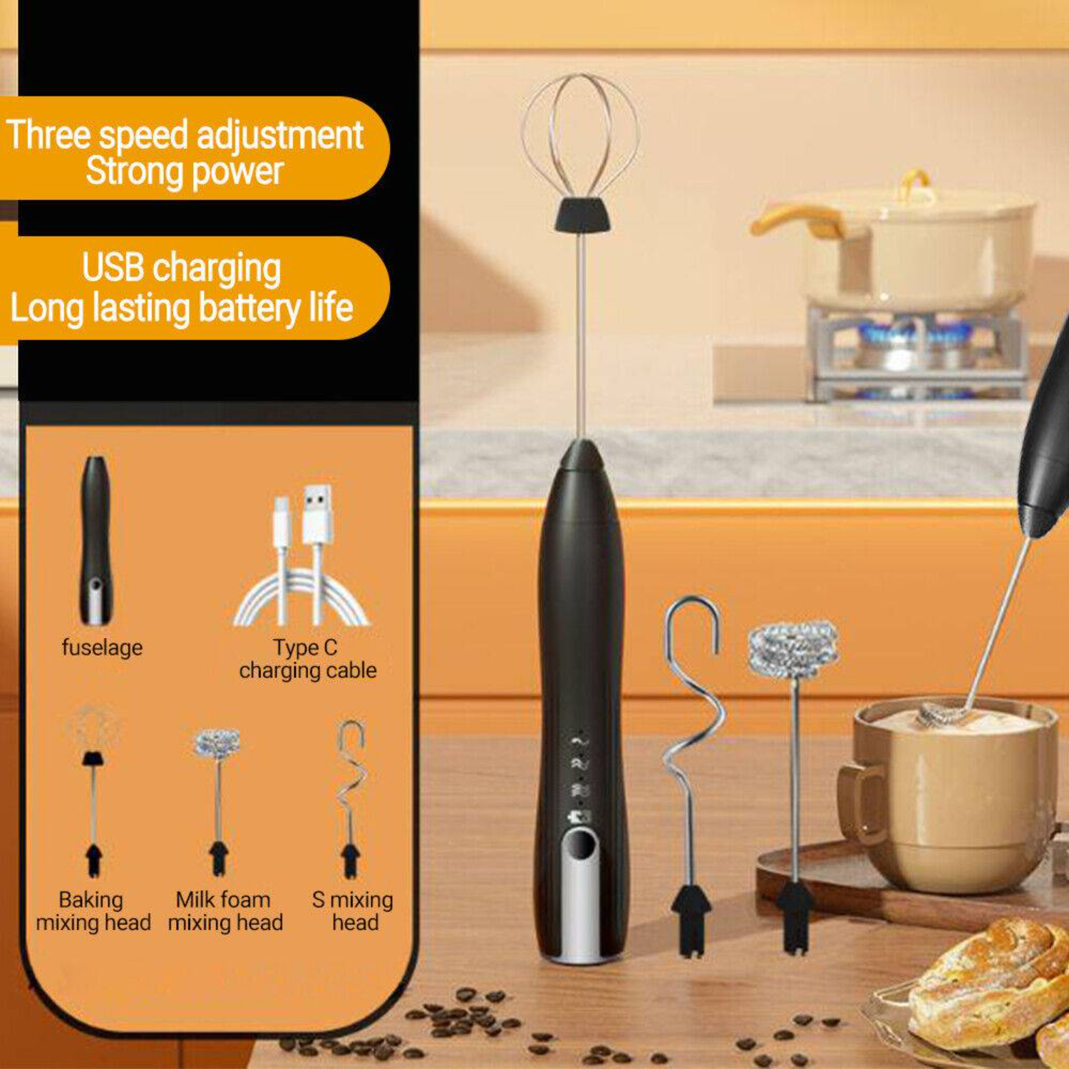 Handmixer mit mehreren Mixköpfen und einem Ladekabel. Zusätzliche Bilder.