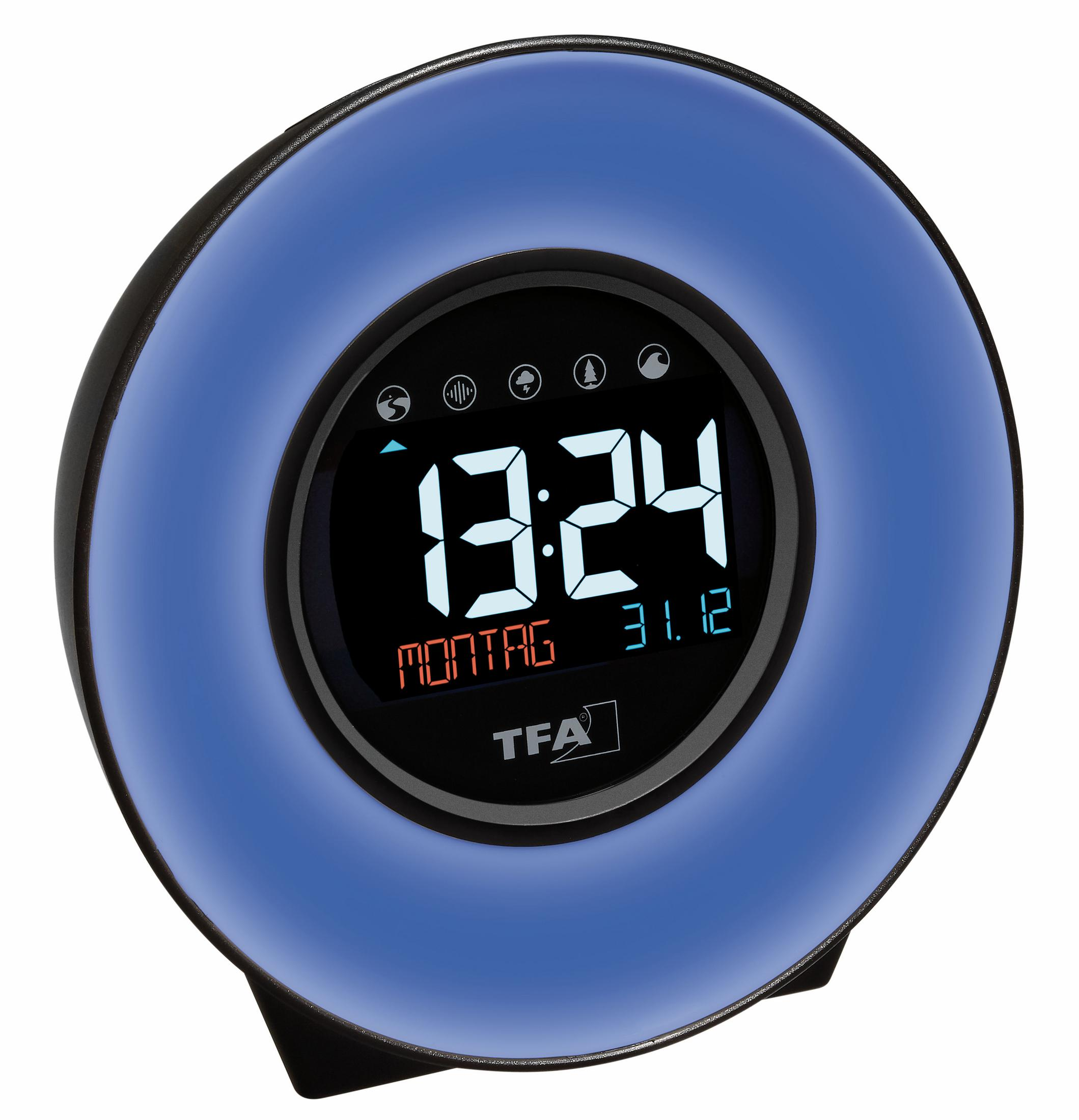 Digitaler Wecker mit blauem Lichtring, der Uhrzeit und Datum anzeigt: Montag, 31. Dezember, 13:24.