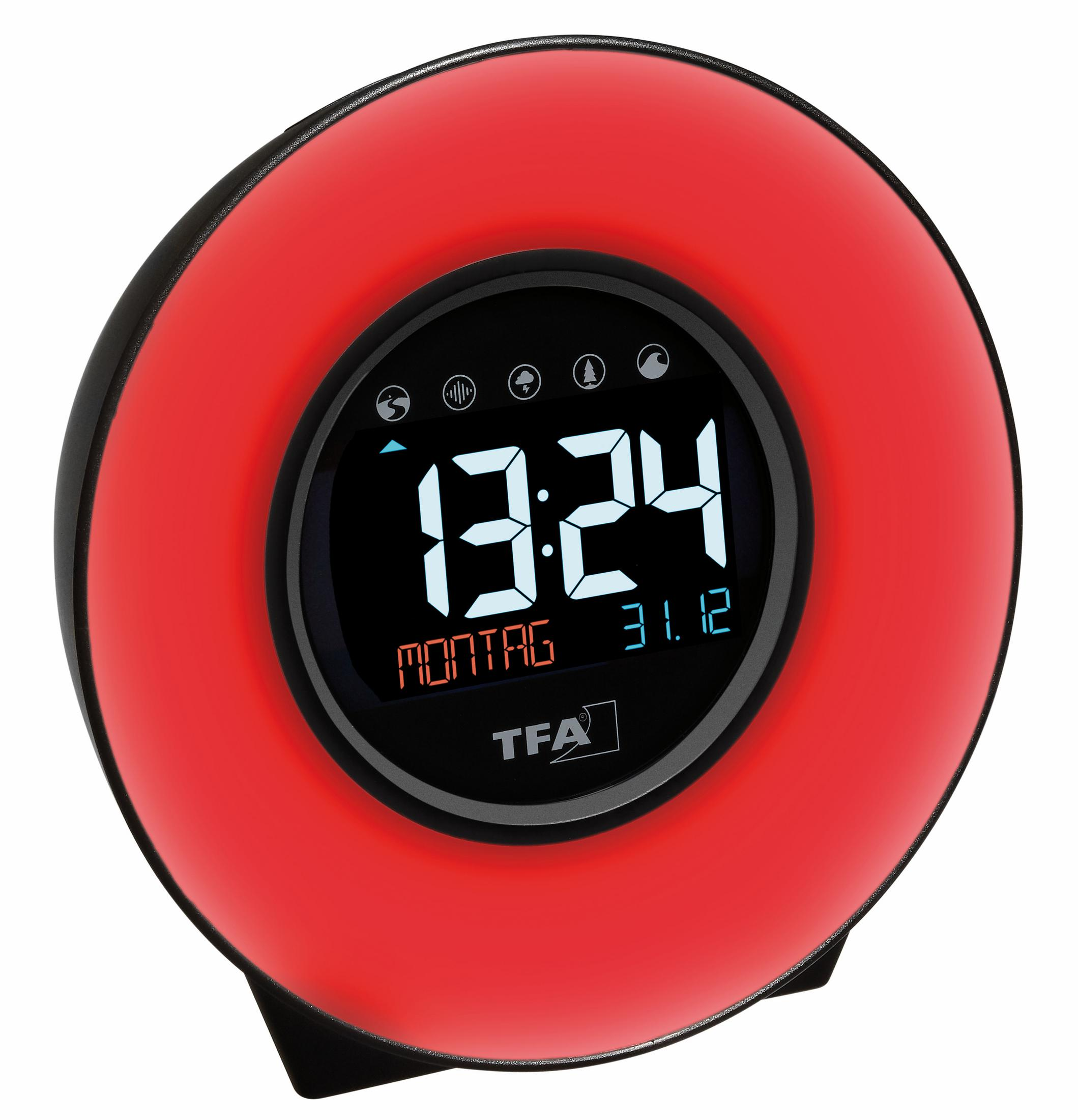 Eine rot-schwarze Digitaluhr. Die Uhrzeit ist 13:24. Das Datum ist Montag, 31. Dezember.